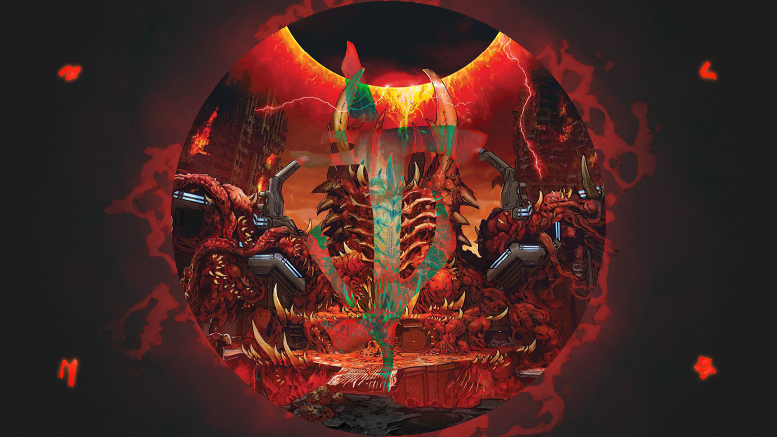 Doom Eternal, demonic figure, glowing green eyes, 2K Desktop Wallpaper