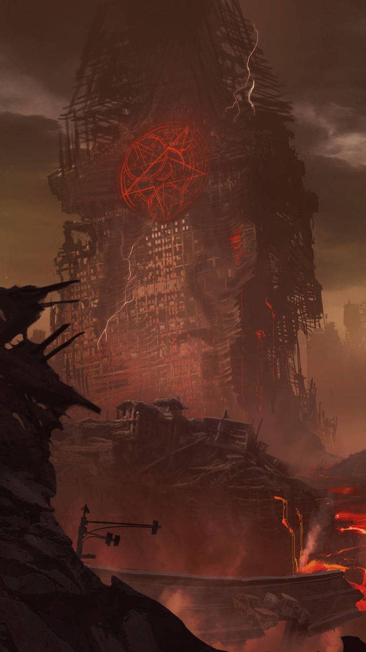 Doom Eternal, glowing red pentagram, stormy apocalyptic sky, HD Phone Wallpaper