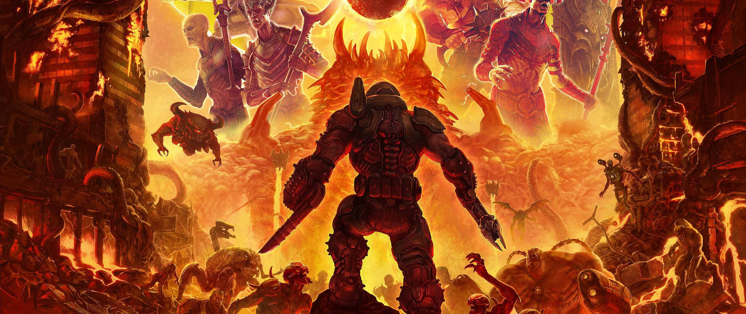 Doom Eternal, heavily armored warrior, fiery hellish landscape, 2K Desktop Wallpaper