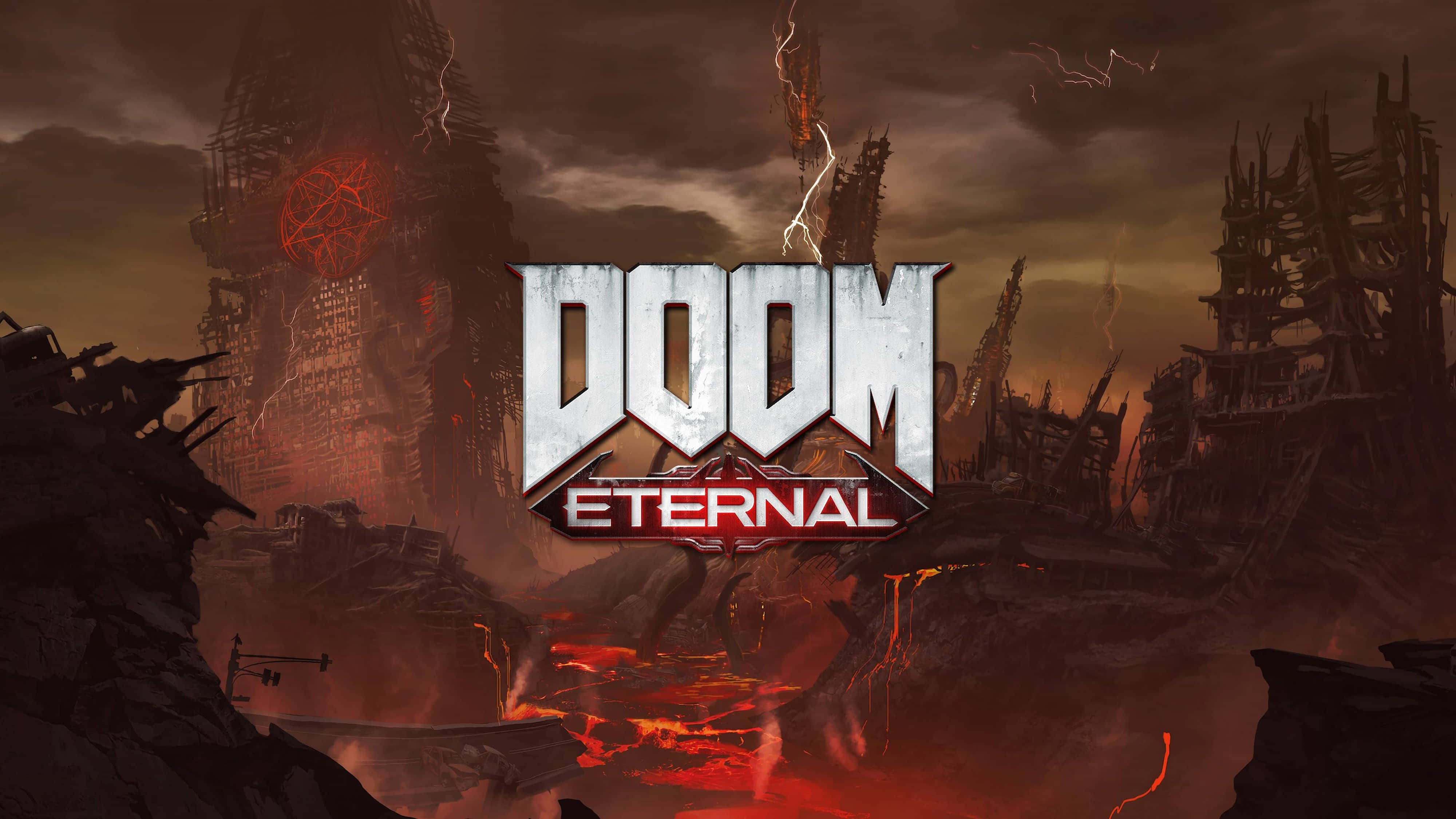 Doom Eternal, Doom Eternal logo, ruined apocalyptic landscape, 4K Desktop Wallpaper