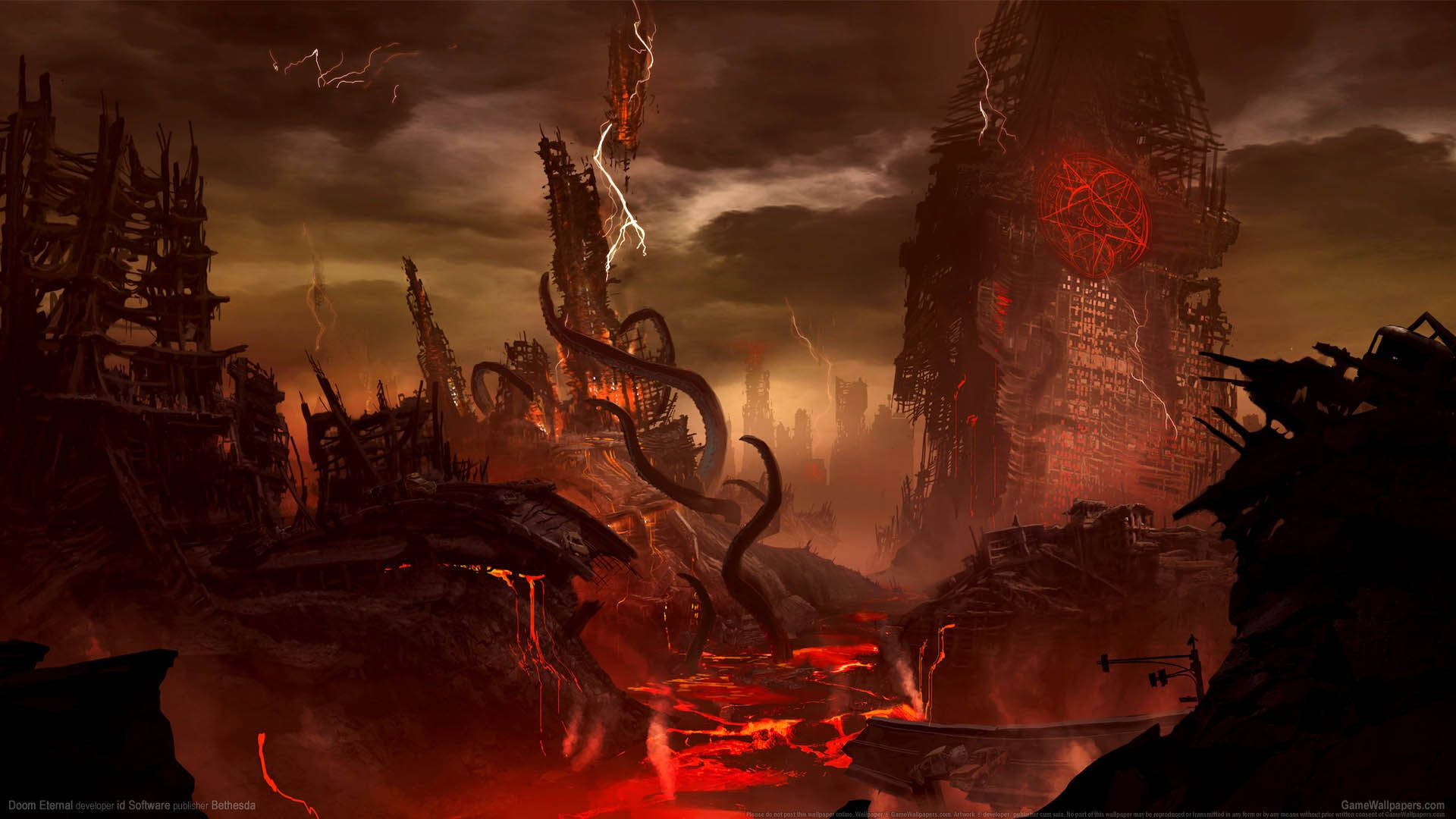 Doom Eternal, first person shooter game, dark fantasy landscape, Full HD Desktop Wallpaper