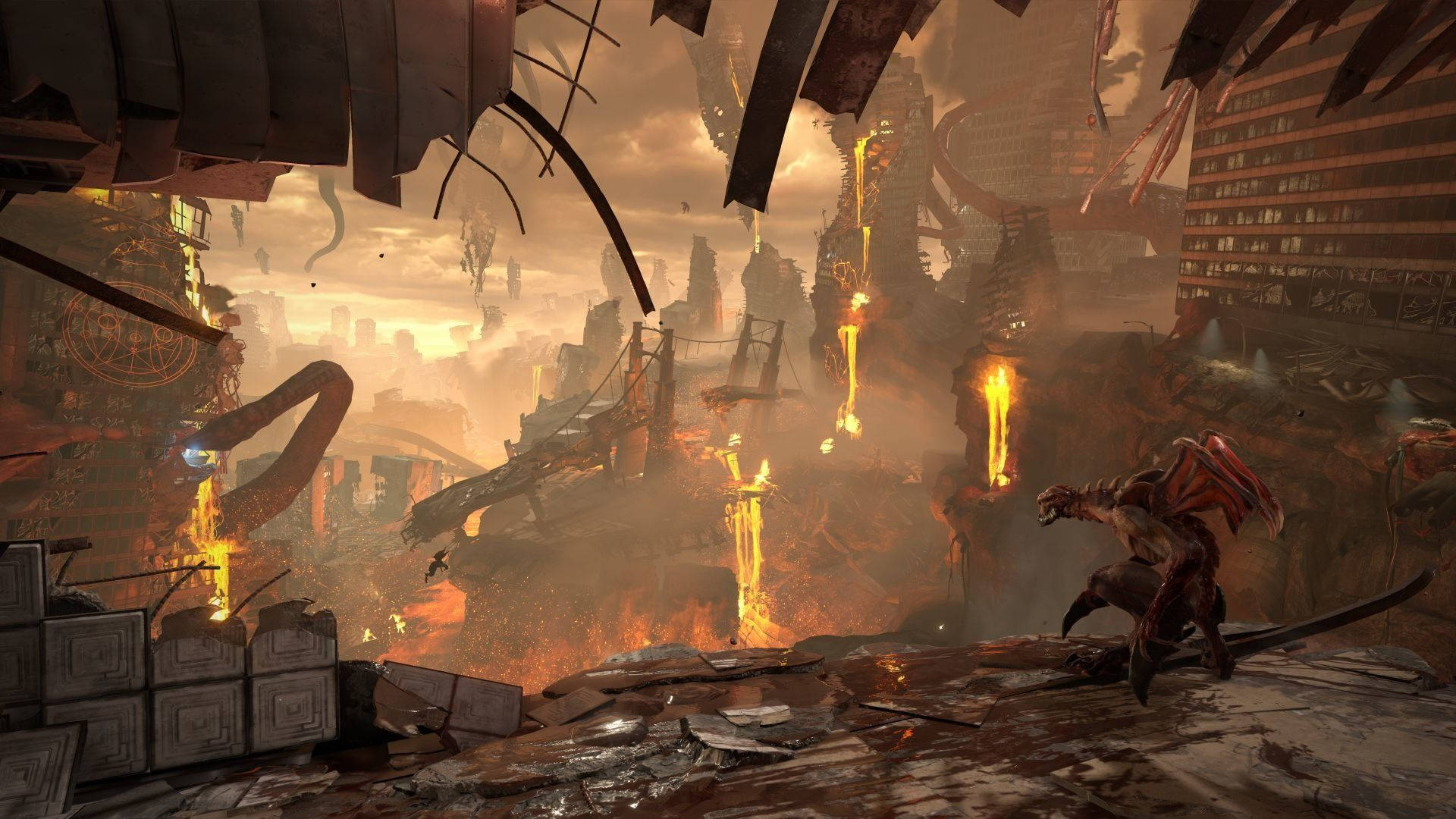 Doom Eternal, monstrous creature, fiery ruined cityscape, Full HD Desktop Wallpaper