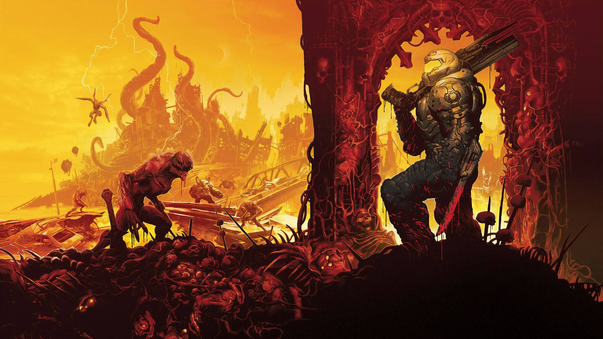Doom Eternal, hellish battlefield, monstrous creatures, Full HD Desktop Wallpaper