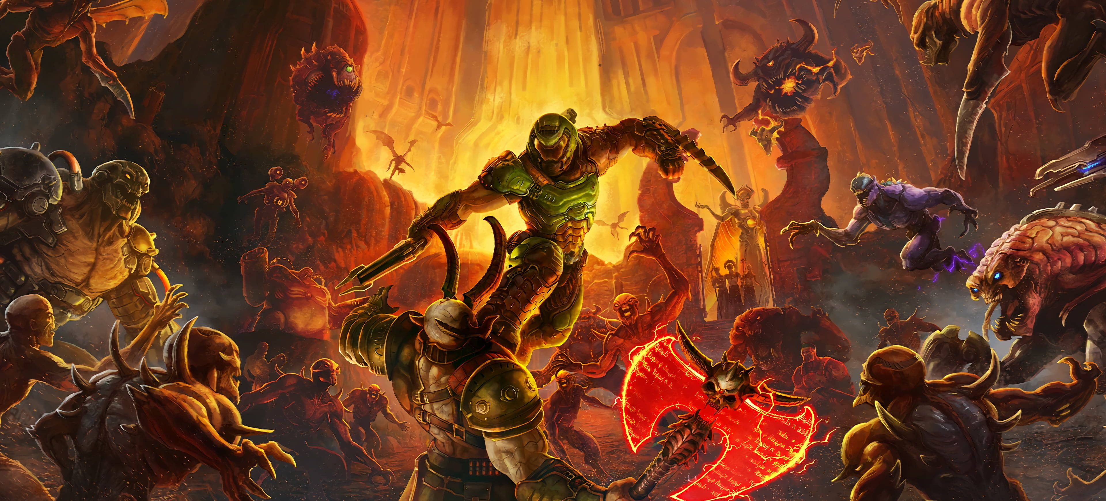 Doom Eternal, green-armored warrior, flaming axe, 4K Desktop Wallpaper
