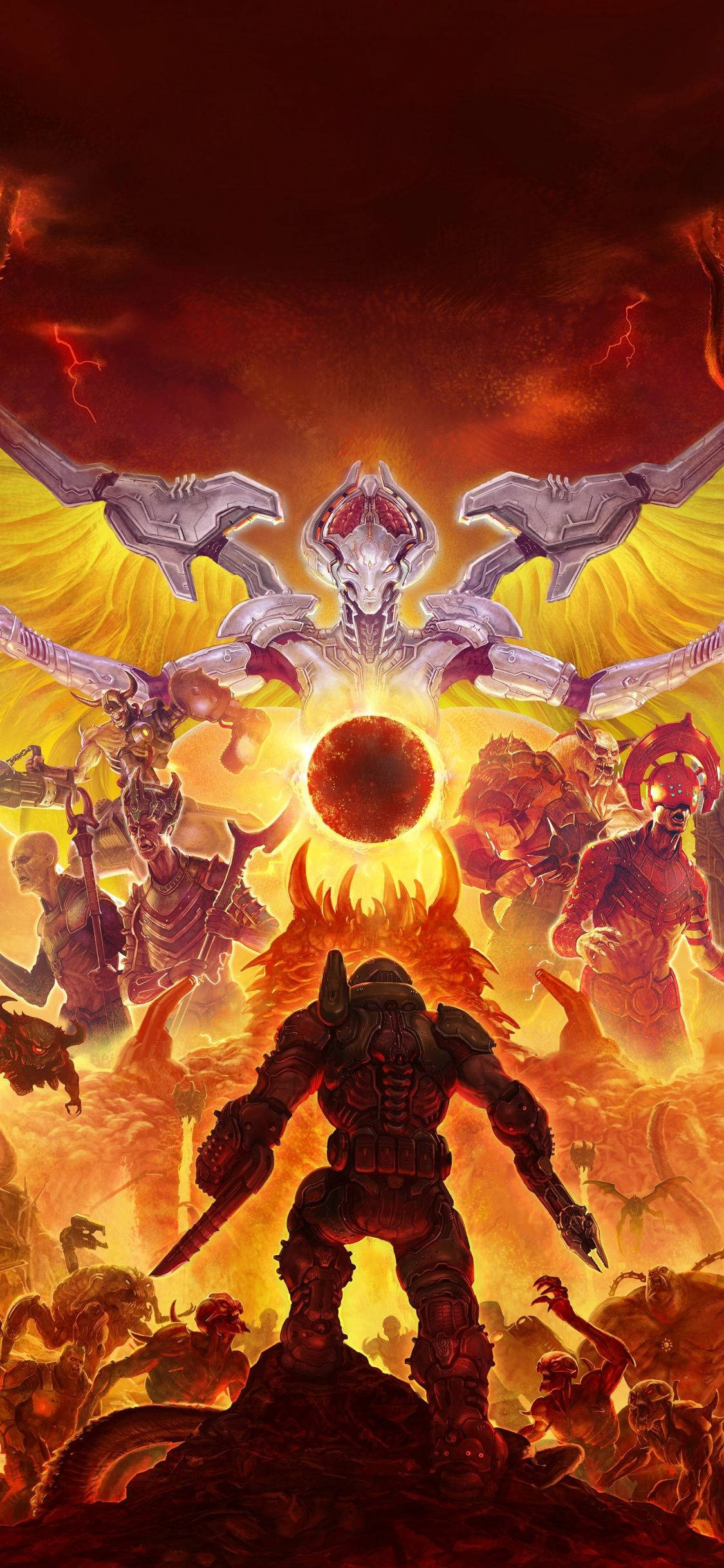 Doom Eternal, armored warrior, towering demonic god, Full HD Phone Wallpaper