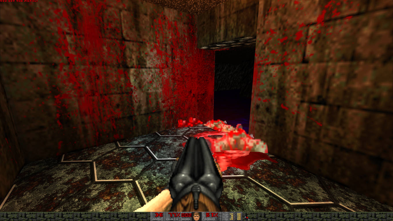 Doom Eternal, first-person view, blood-splattered stone corridor, HD Desktop Wallpaper