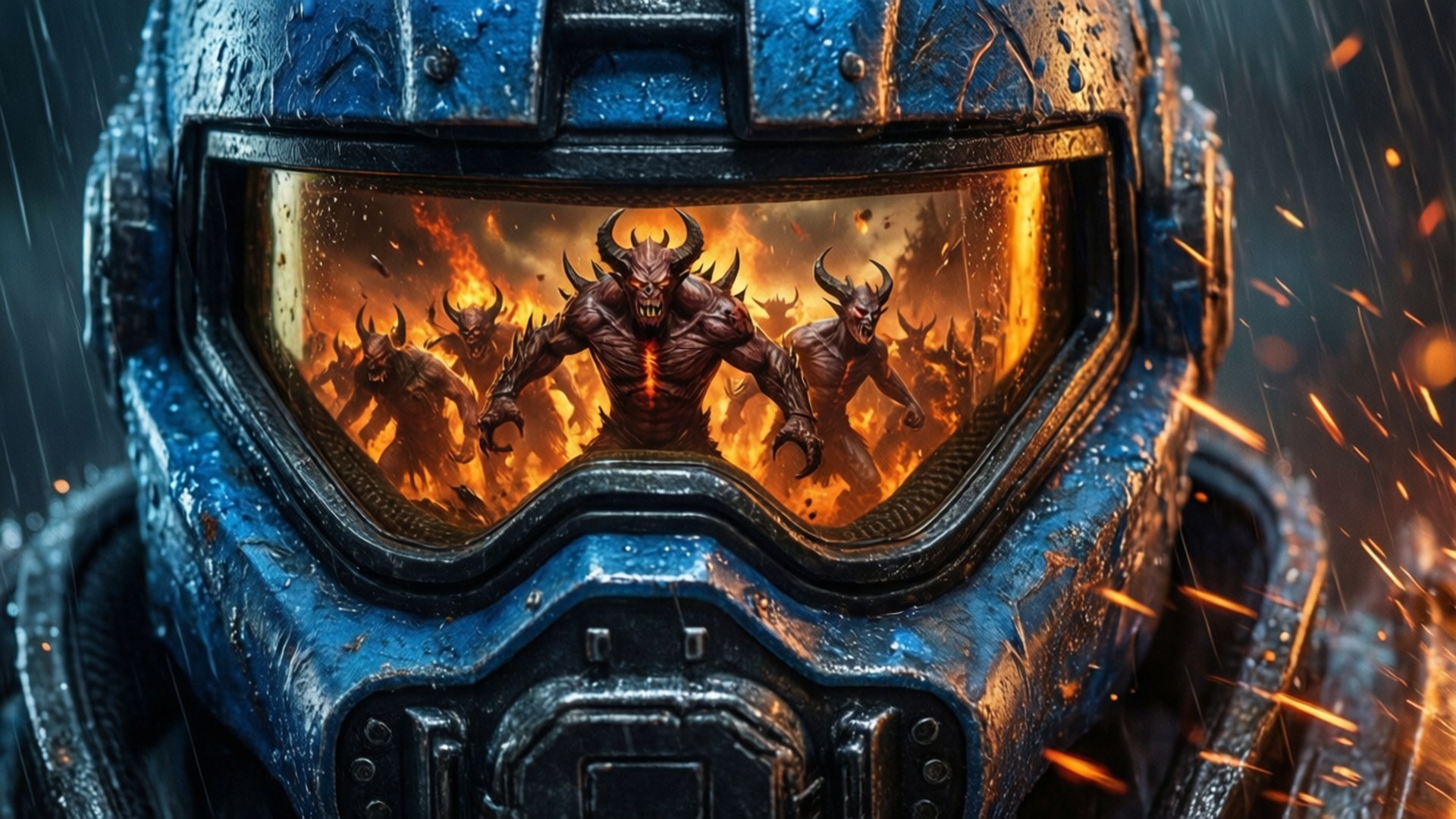 blue armored helmet, raindrops, sparks, Full HD Desktop Wallpaper