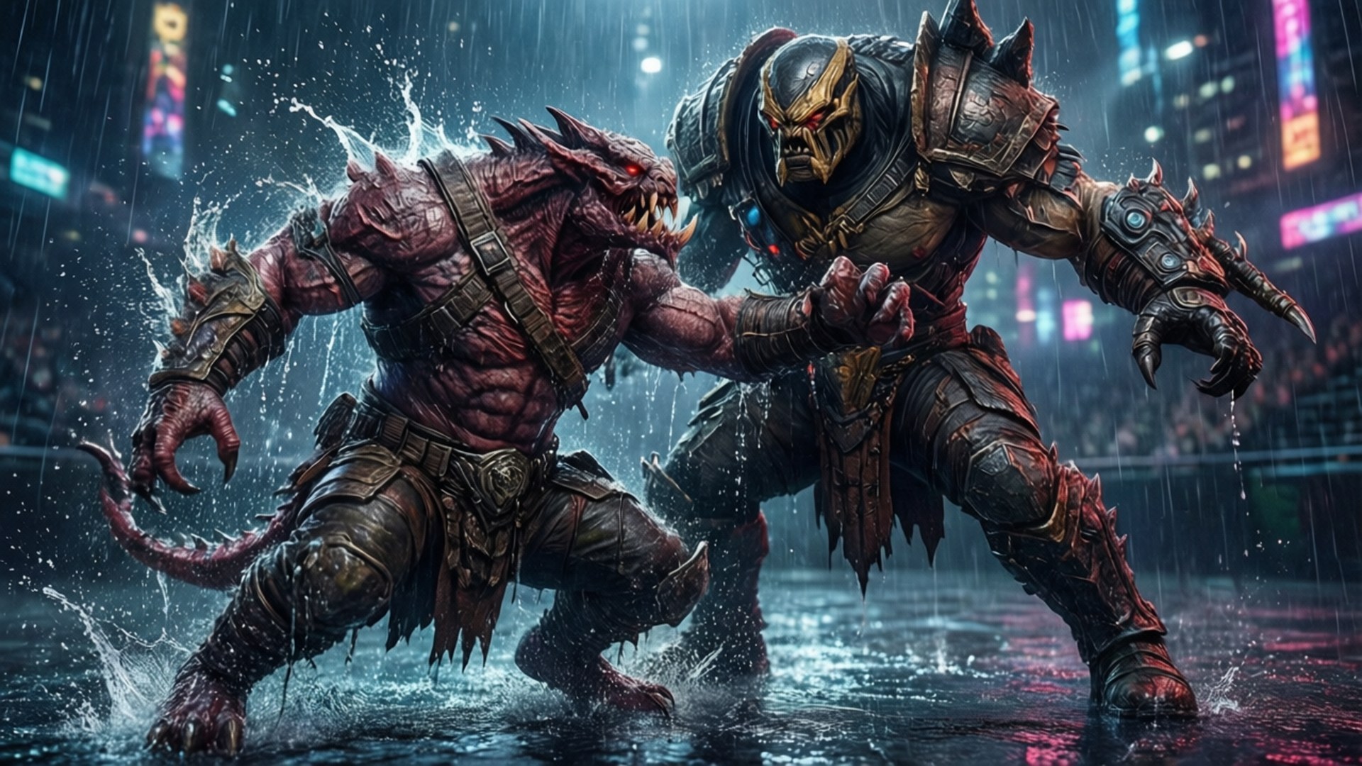 Doom Eternal, neon city street, rain drenched, Full HD Desktop Wallpaper