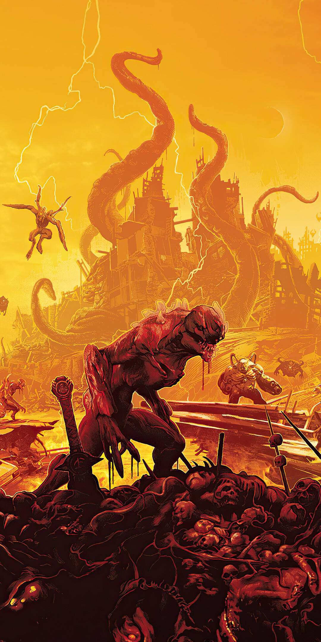 DOOM Game, red demon, fiery apocalyptic landscape, Full HD Phone Wallpaper