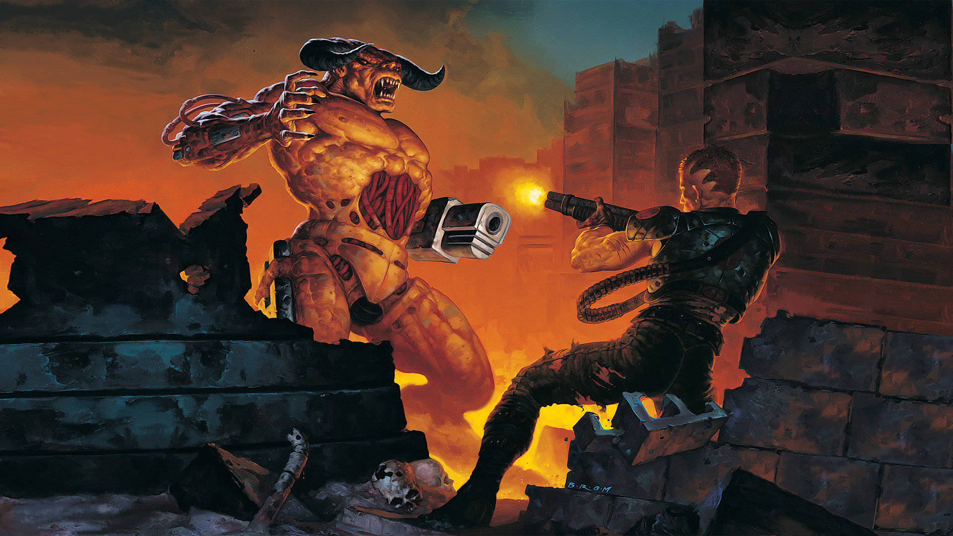 Doom, muscular horned demon, human soldier, Full HD Desktop Wallpaper
