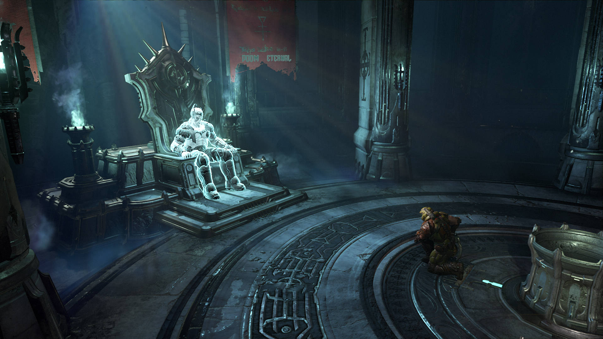 DOOM, skeletal king, dark cathedral-like chamber, Full HD Desktop Wallpaper
