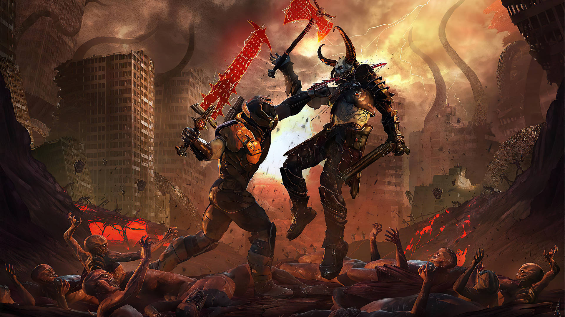 Doom Game, demons, ruined cityscape, Full HD Desktop Wallpaper