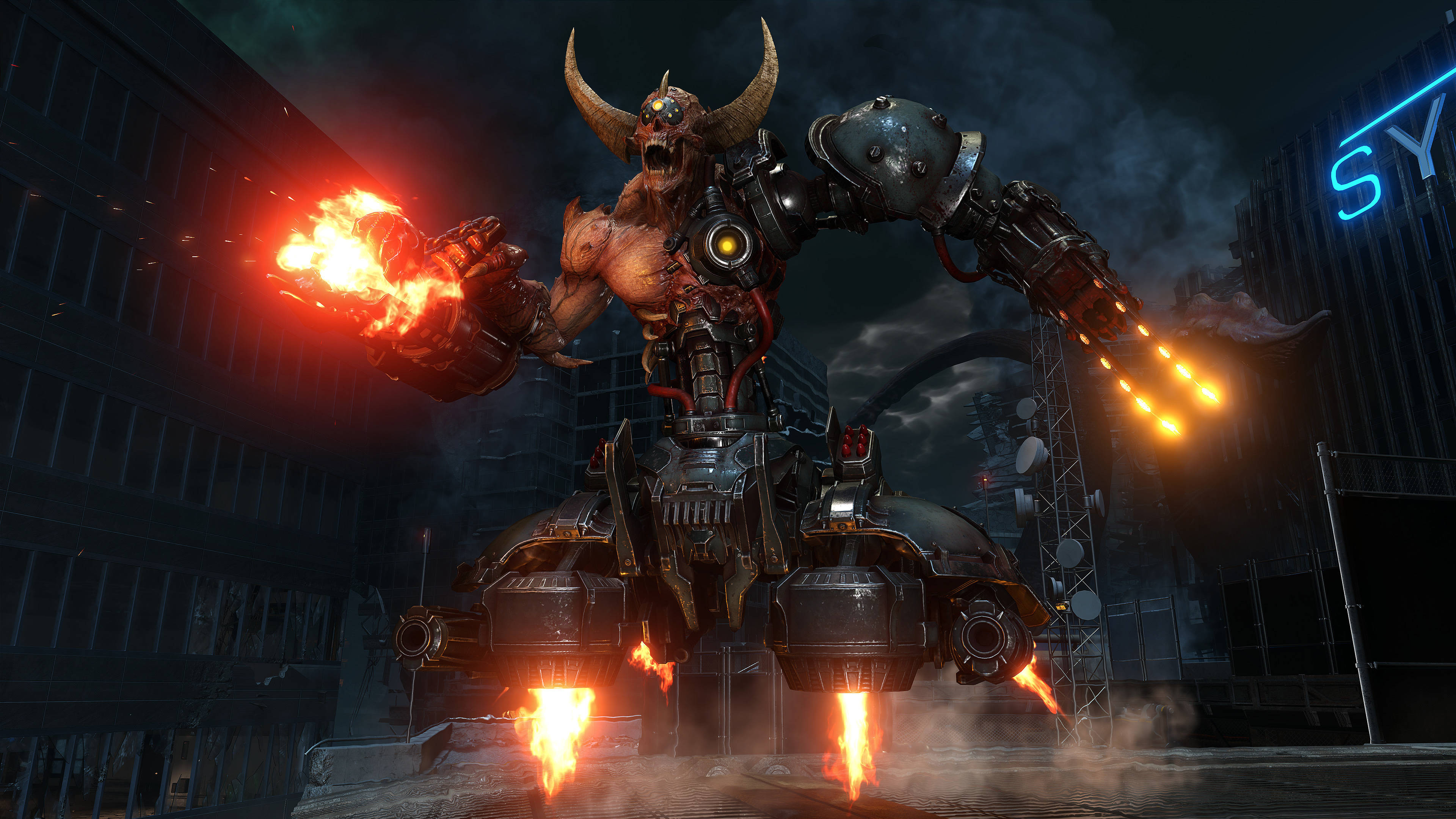 Doom, fiery horned demon, mechanical armor, 4K Desktop Wallpaper