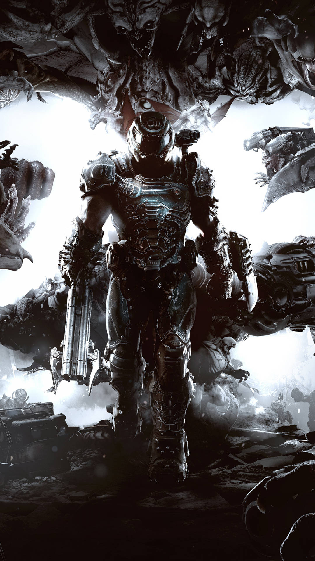 Doom Game, heavily armored soldier, monstrous alien creatures, Full HD Phone Wallpaper