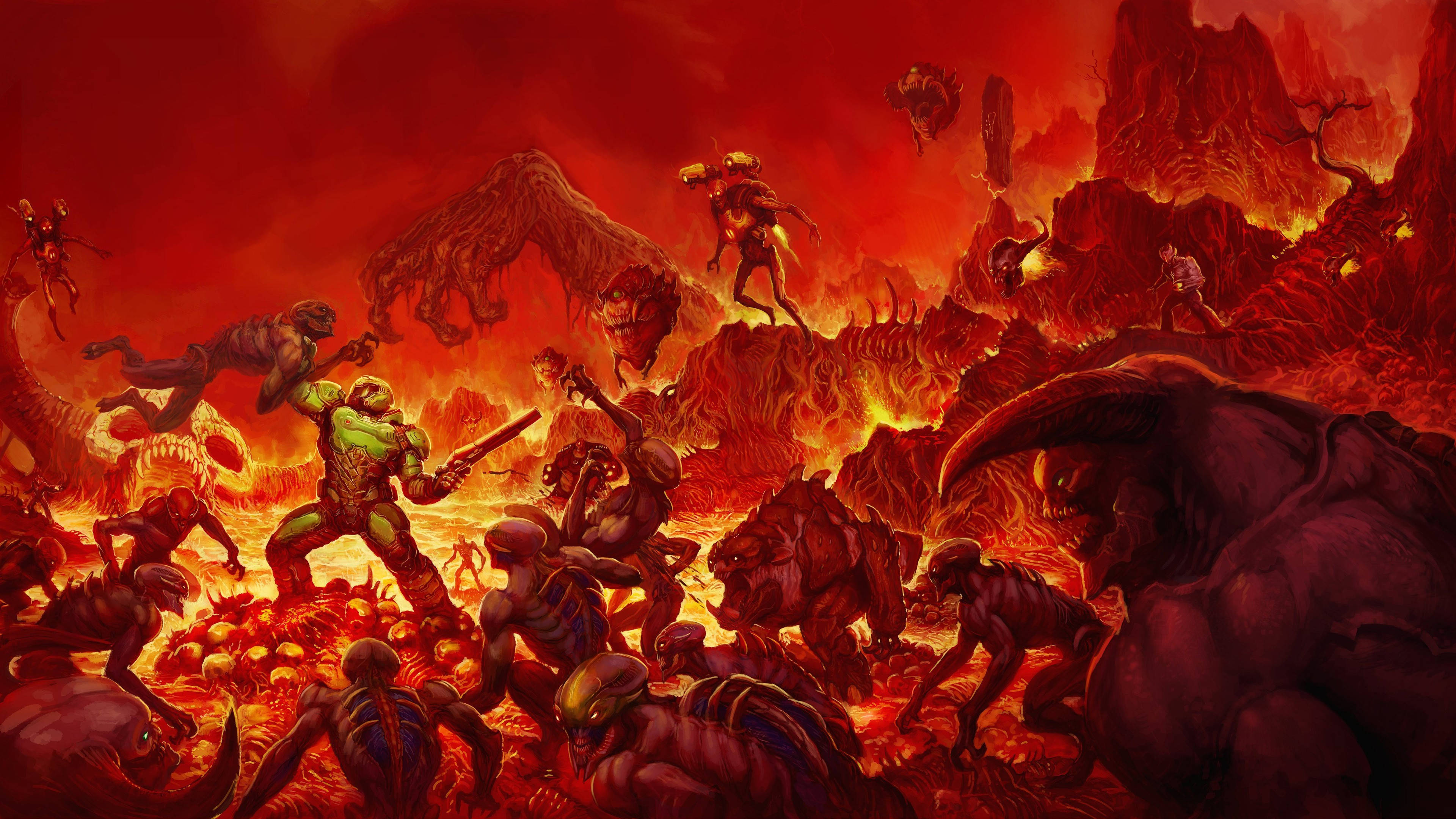 DOOM Game, demons, green-armored warrior, 4K Desktop Wallpaper