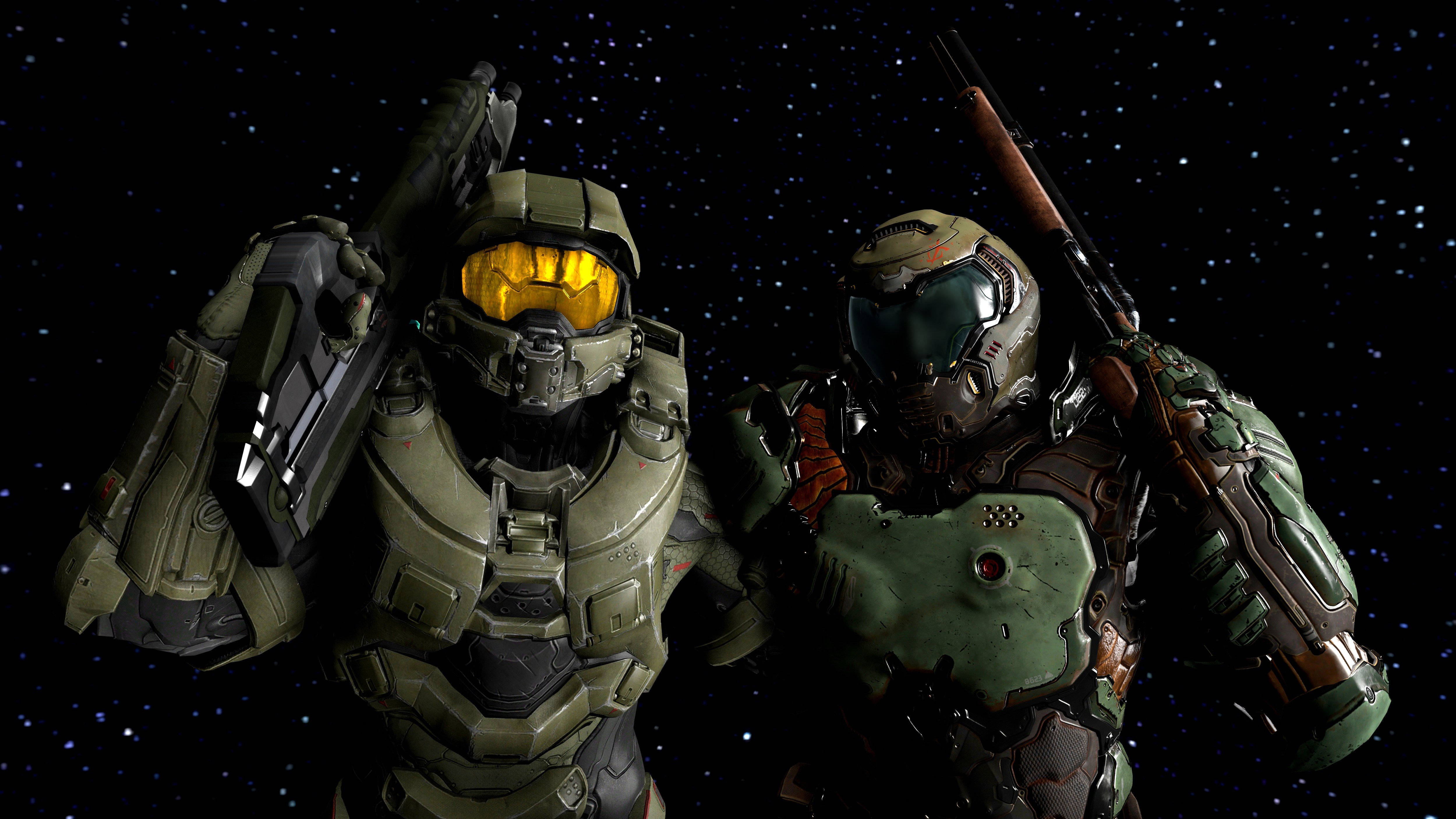 Doom Game, armored soldiers, starly cosmic backdrop, 4K Desktop Wallpaper