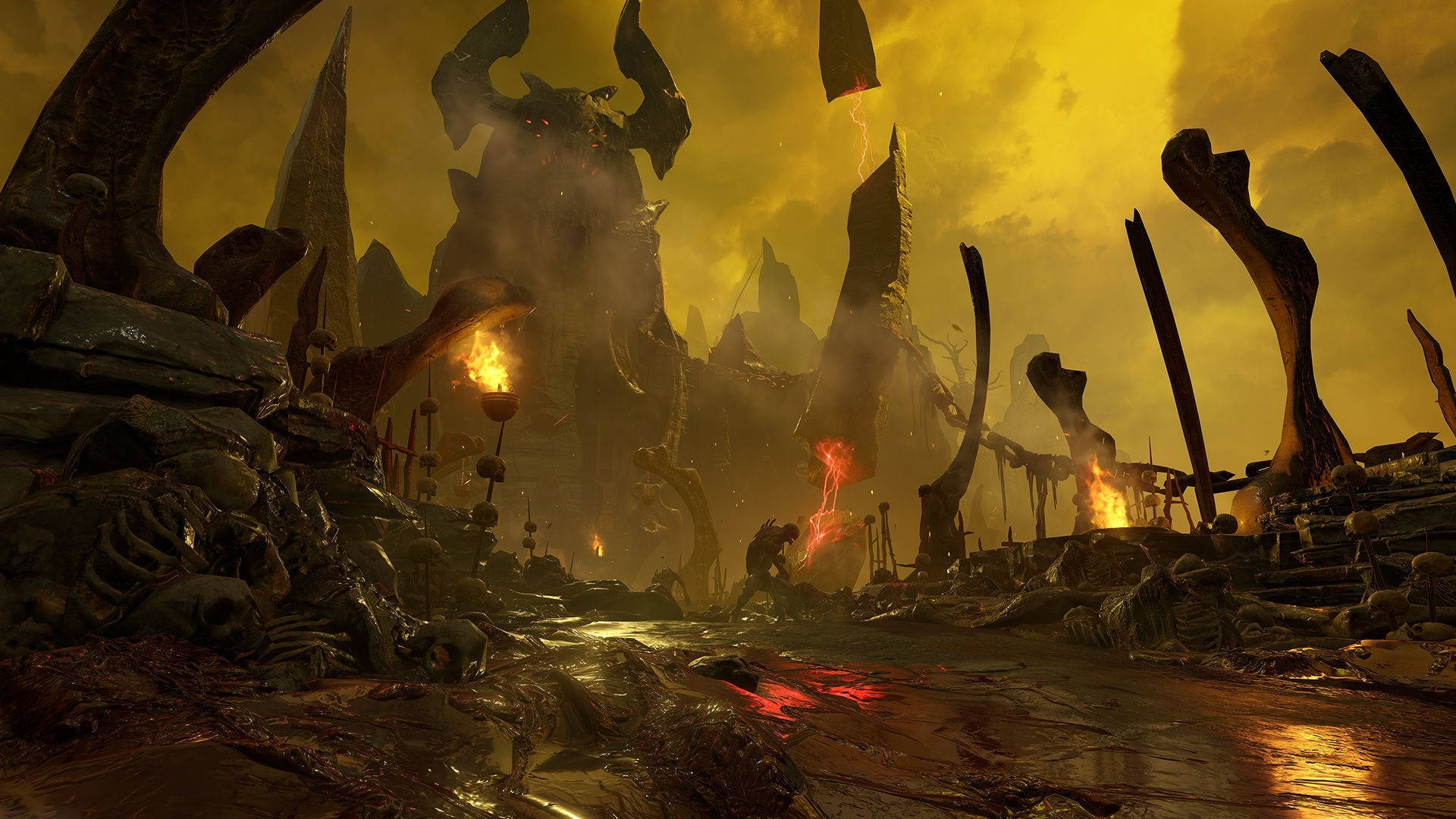 Doom Game, hellish landscape, bone-like structures, Full HD Desktop Wallpaper