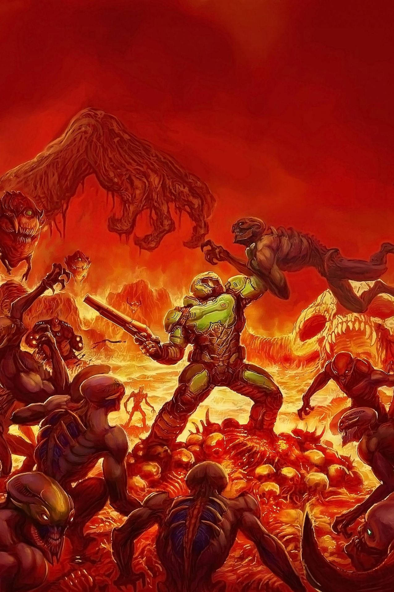 Doom, green-armored warrior, grotesque monsters, HD Phone Wallpaper