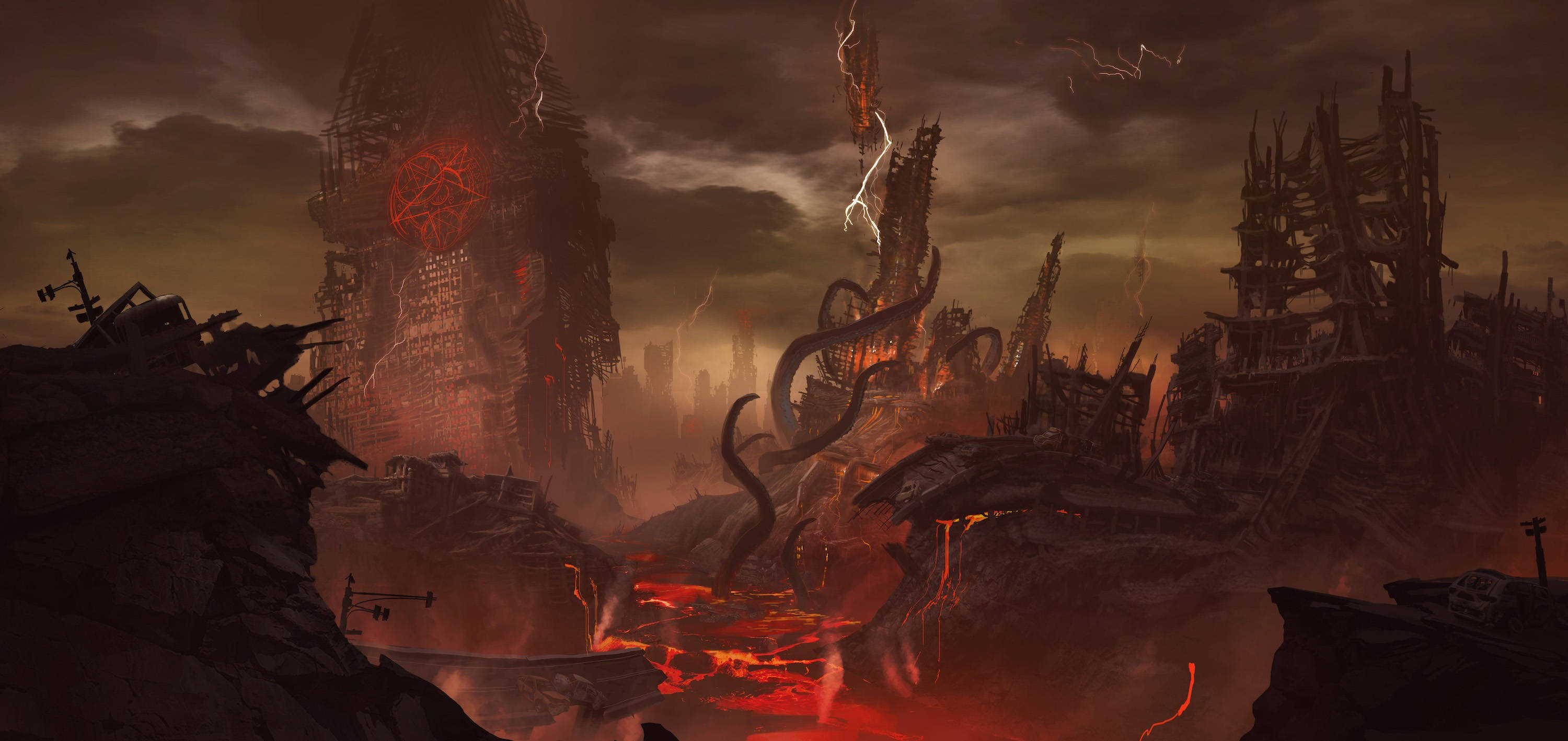 Doom Game, lava flows, glowing red runes, 2K Desktop Wallpaper