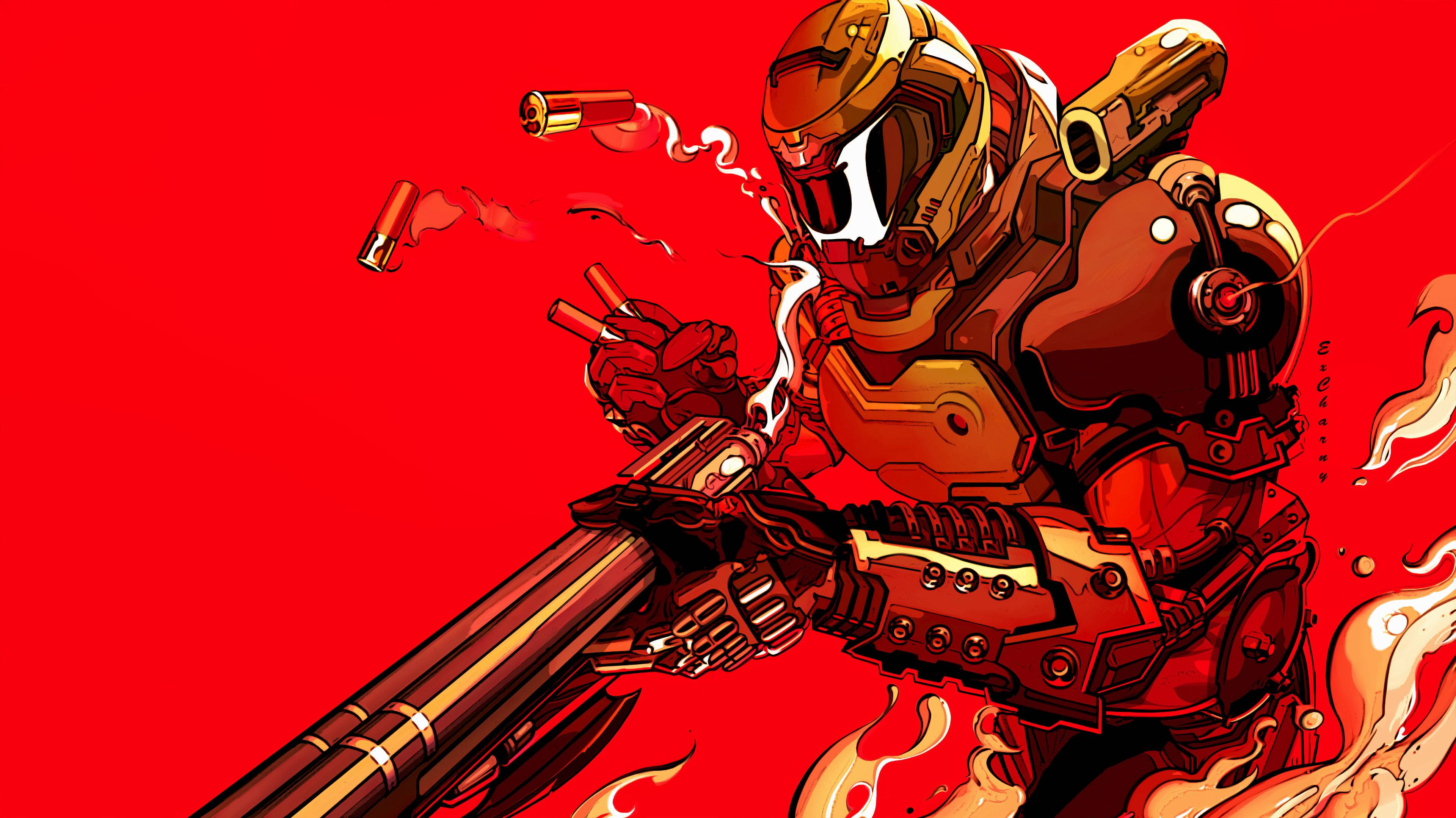 Doom Game, golden armored warrior, massive weapon, 4K Desktop Wallpaper