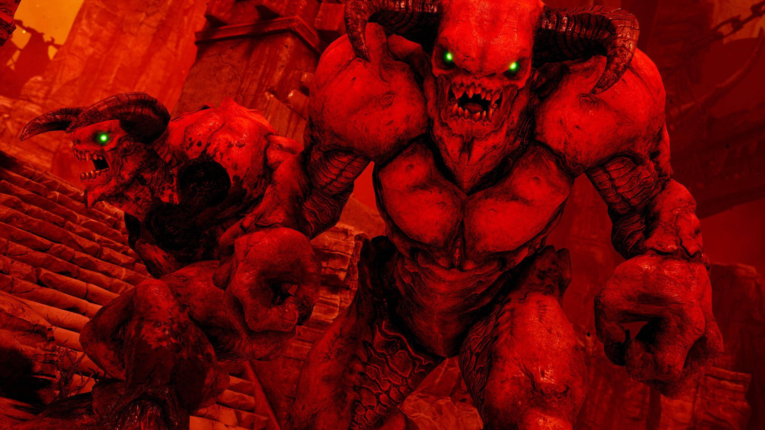 Doom Game, demonic creatures, glowing green eyes, 2K Desktop Wallpaper