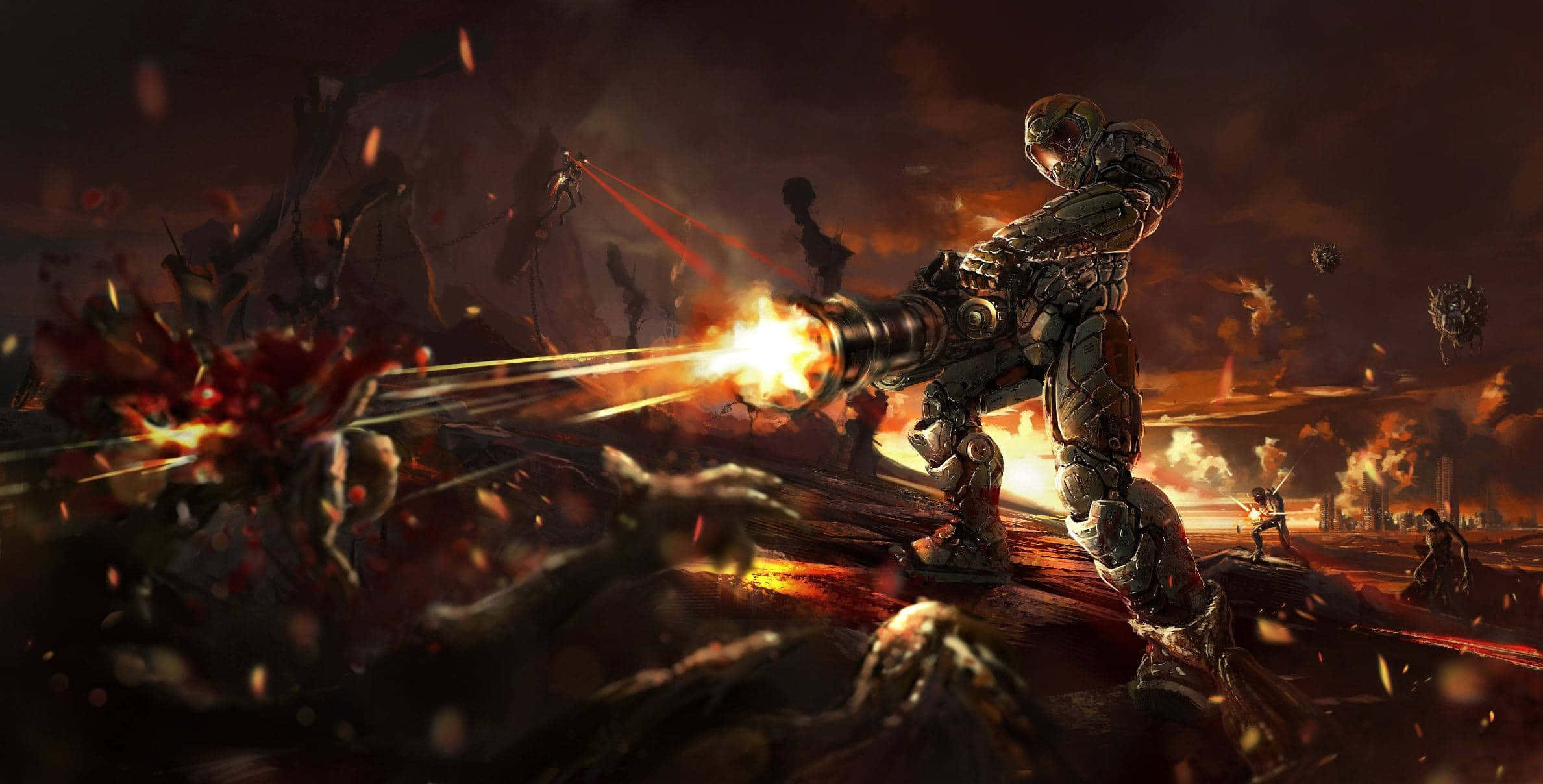 Doom Slayer, blazing weapon, monstrous creatures, Full HD Desktop Wallpaper