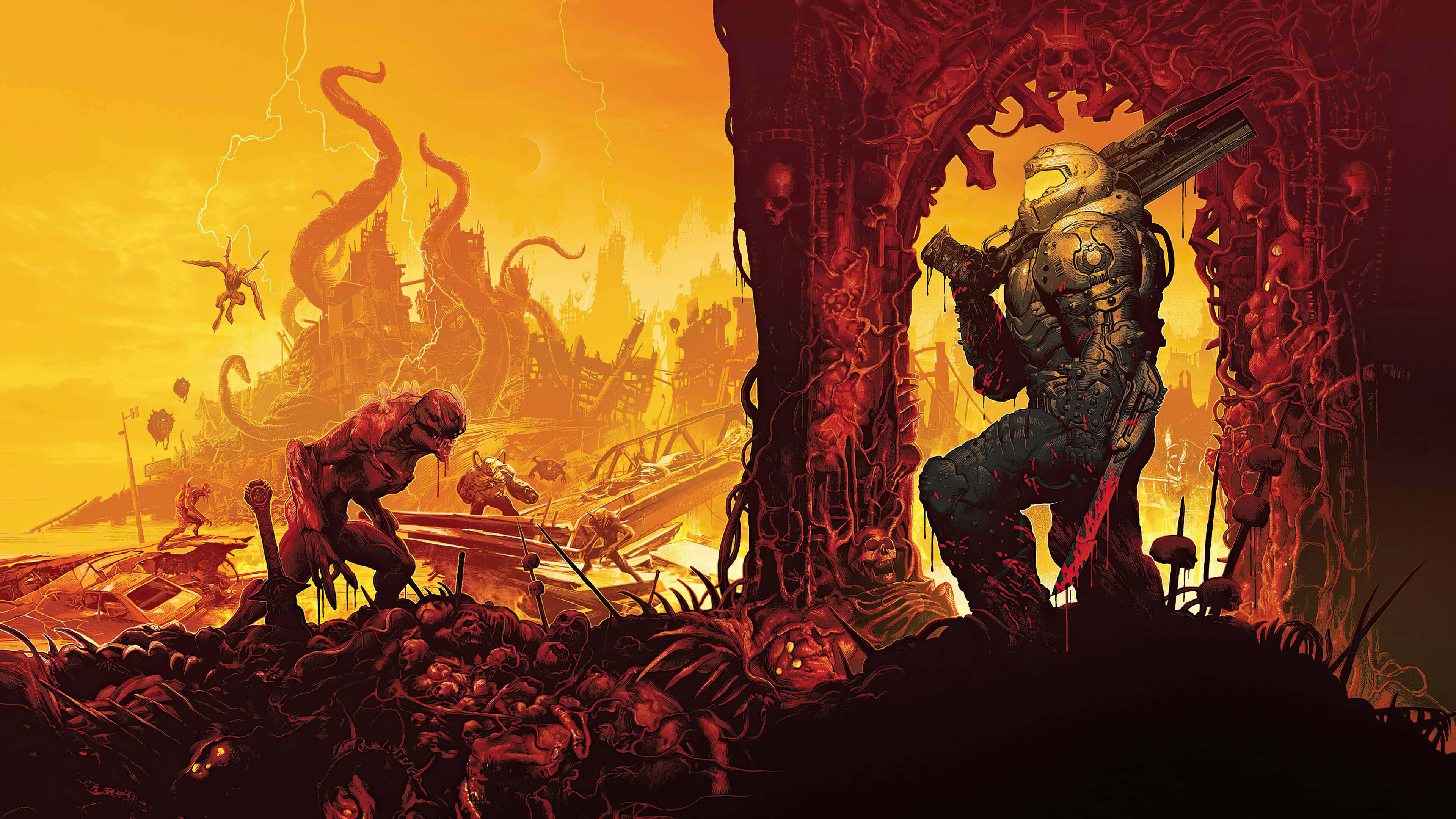 Doom Slayer, blood-red archway, hellish battlefield, 4K Desktop Wallpaper