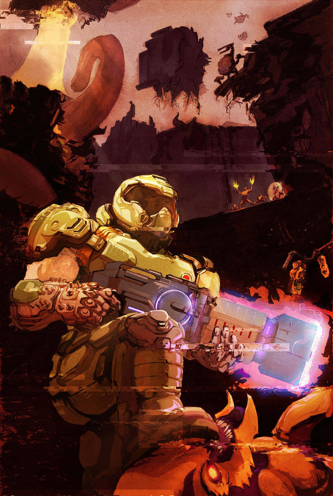 Doom Slayer, glowing weapon, surreal alien canyon, Full HD Phone Wallpaper