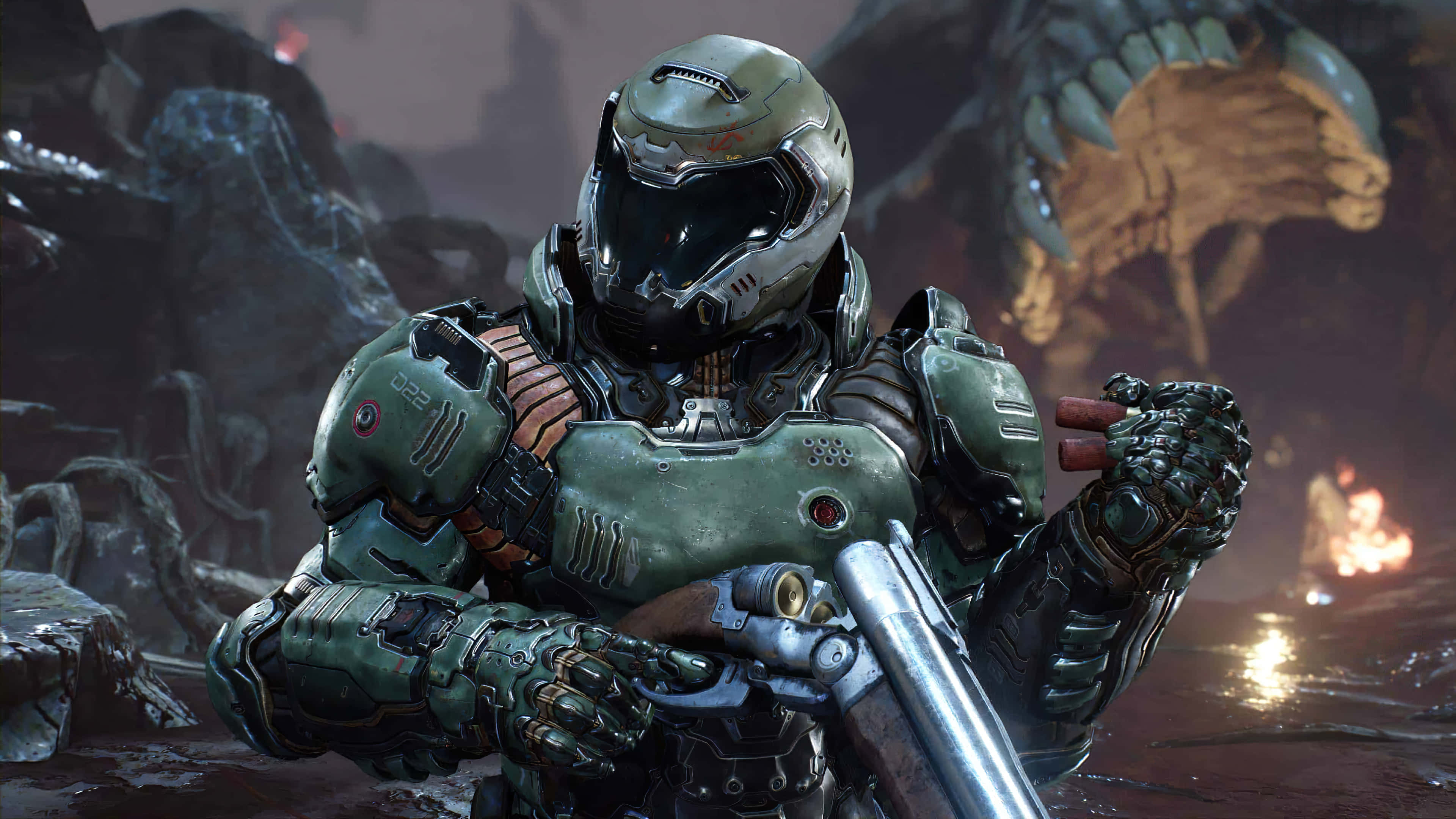 Doom Slayer, green combat gear, shotgun, 4K Desktop Wallpaper