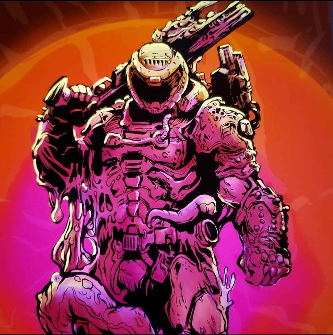 Doom Slayer, glowing purple armor, fiery orange and pink gradient background, SD Phone Wallpaper
