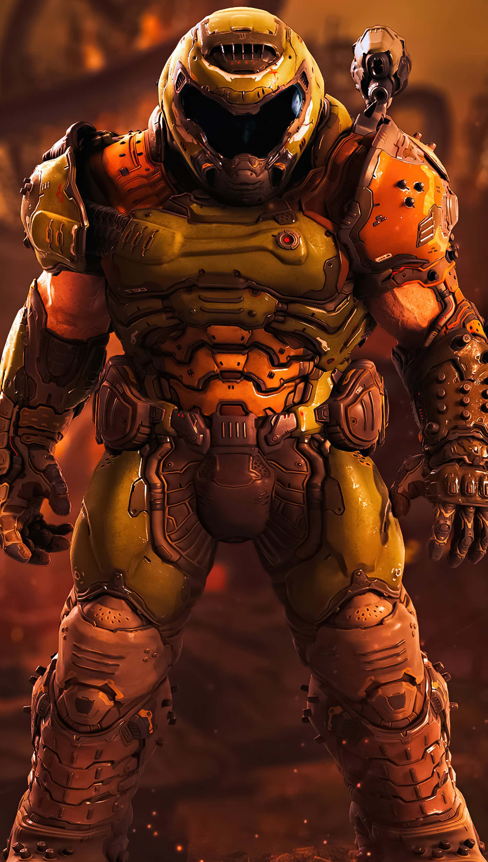 Doom Slayer, gold and orange armor, fiery orange background, 2K Phone Wallpaper