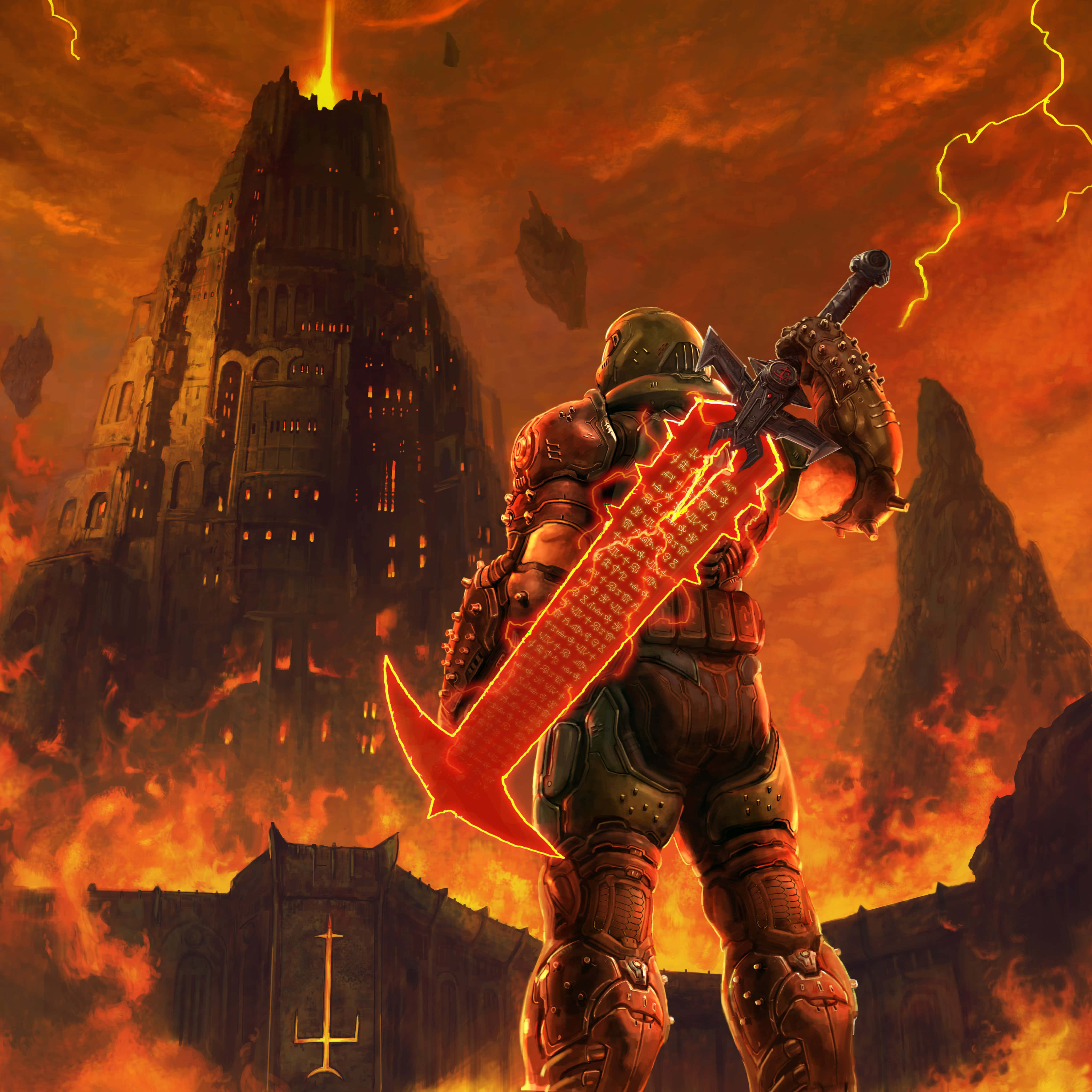 Doom Slayer, glowing red sword, burning, crumbling castle, 4K Desktop Wallpaper
