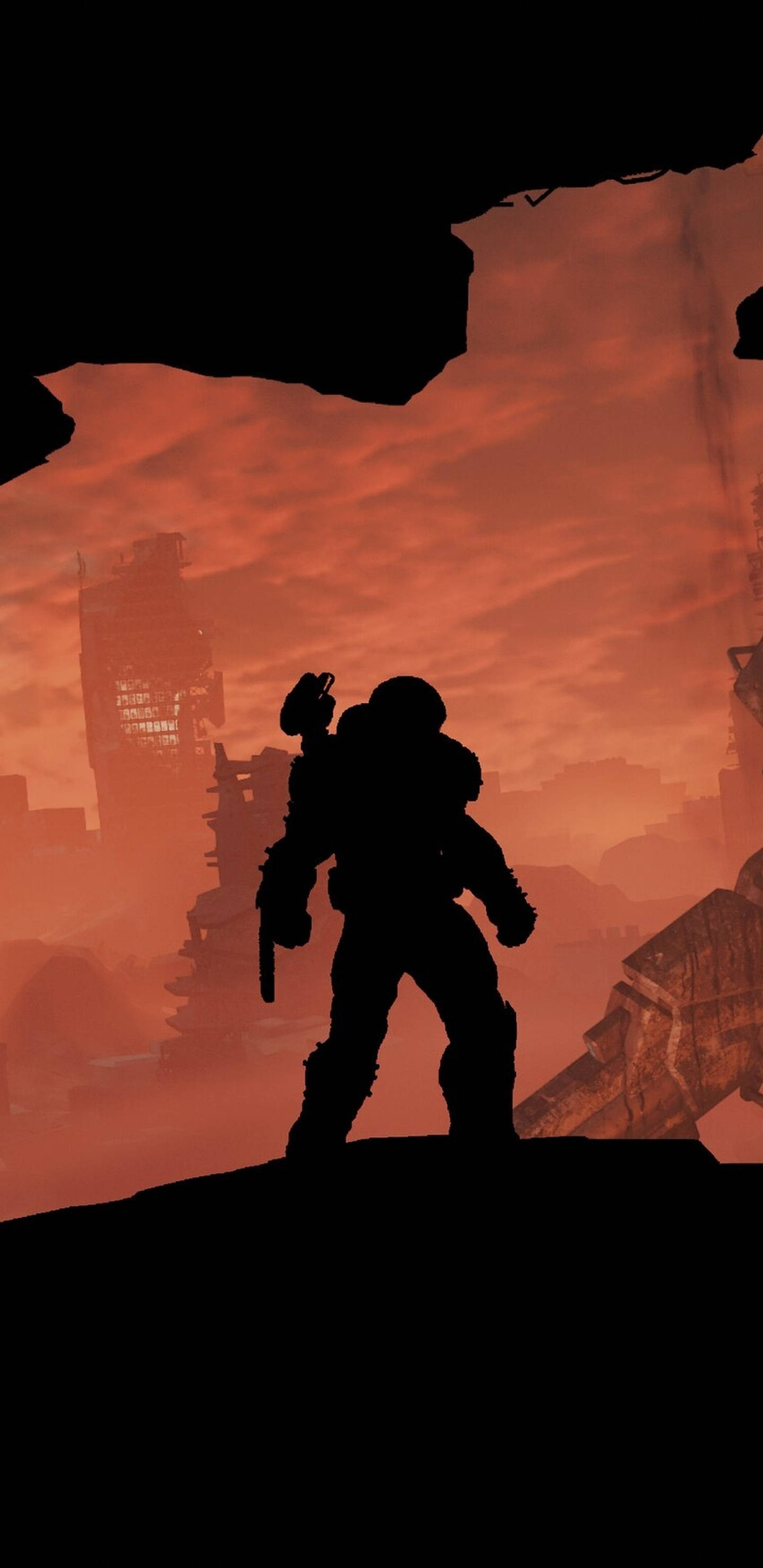 Doom Slayer, silhouette, ruin, 2K Phone Wallpaper