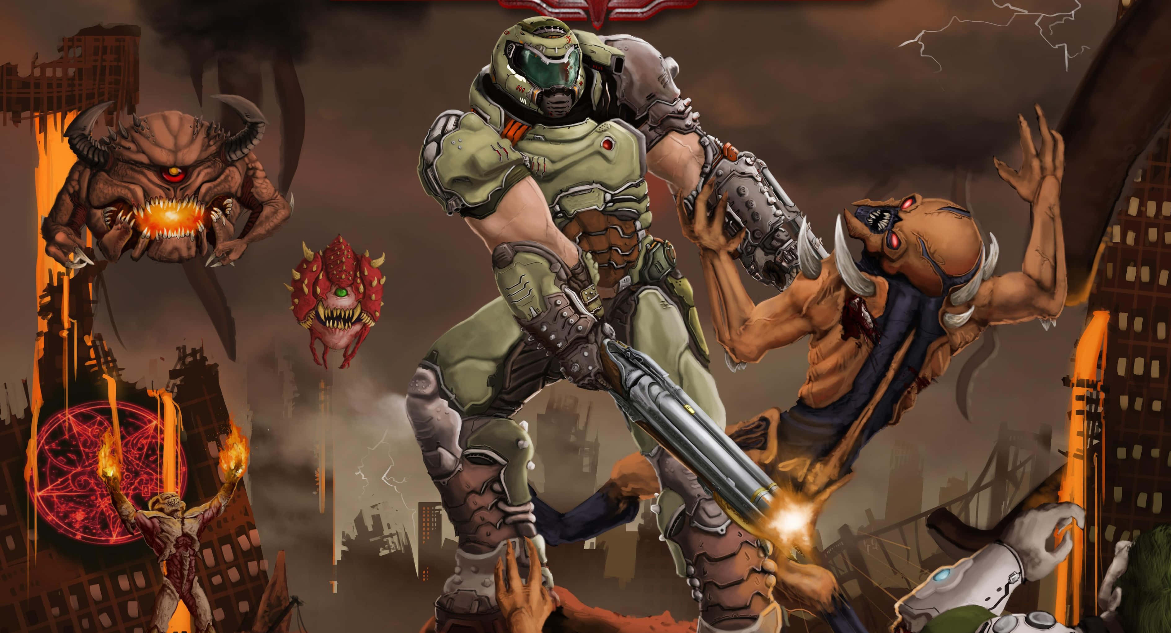Doom Slayer, grotesque demons, fiery ruined cityscape, 2K Desktop Wallpaper