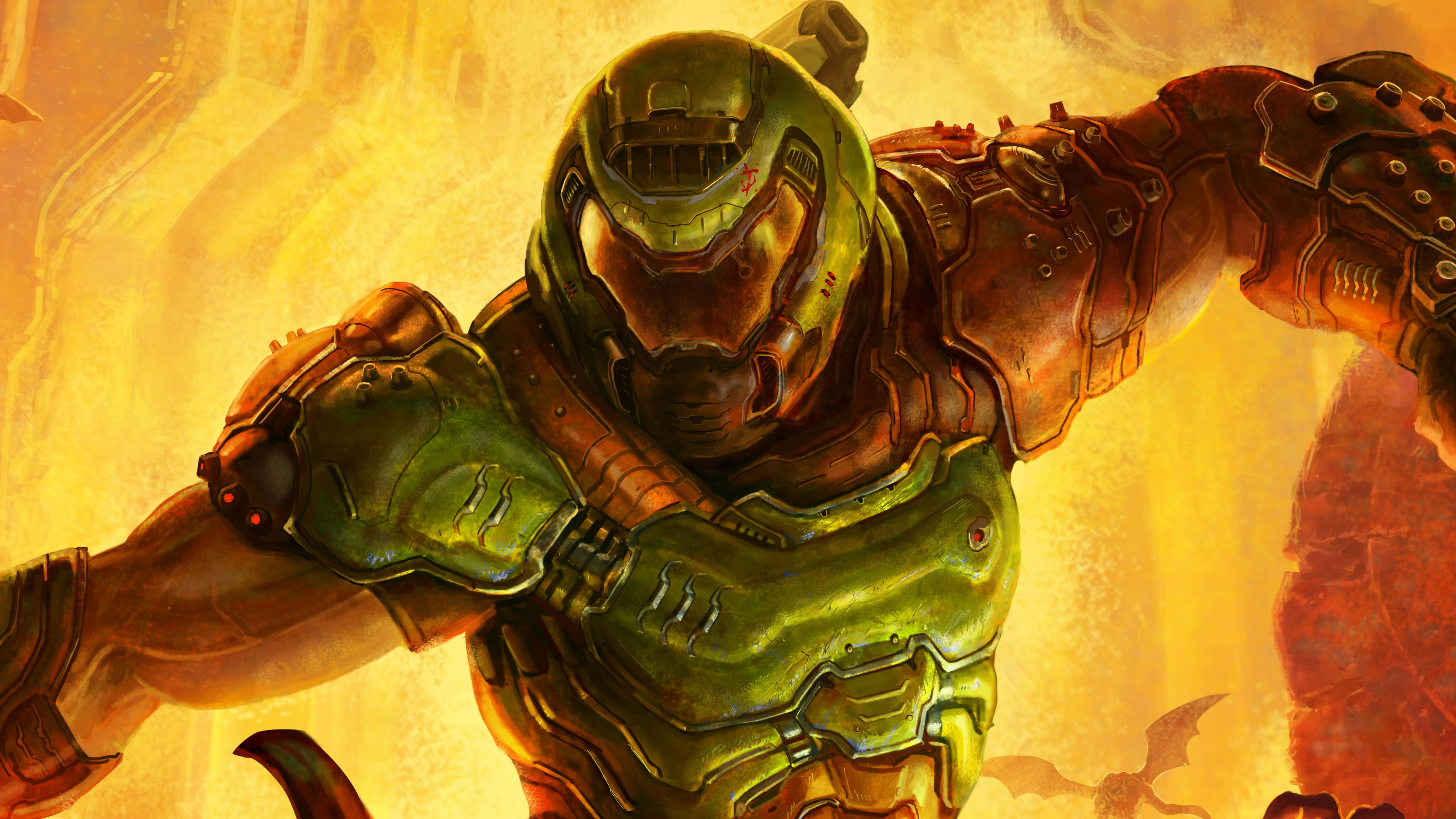 Doom Slayer, green and orange armor, fiery orange and yellow backdrop, 5K Desktop Wallpaper