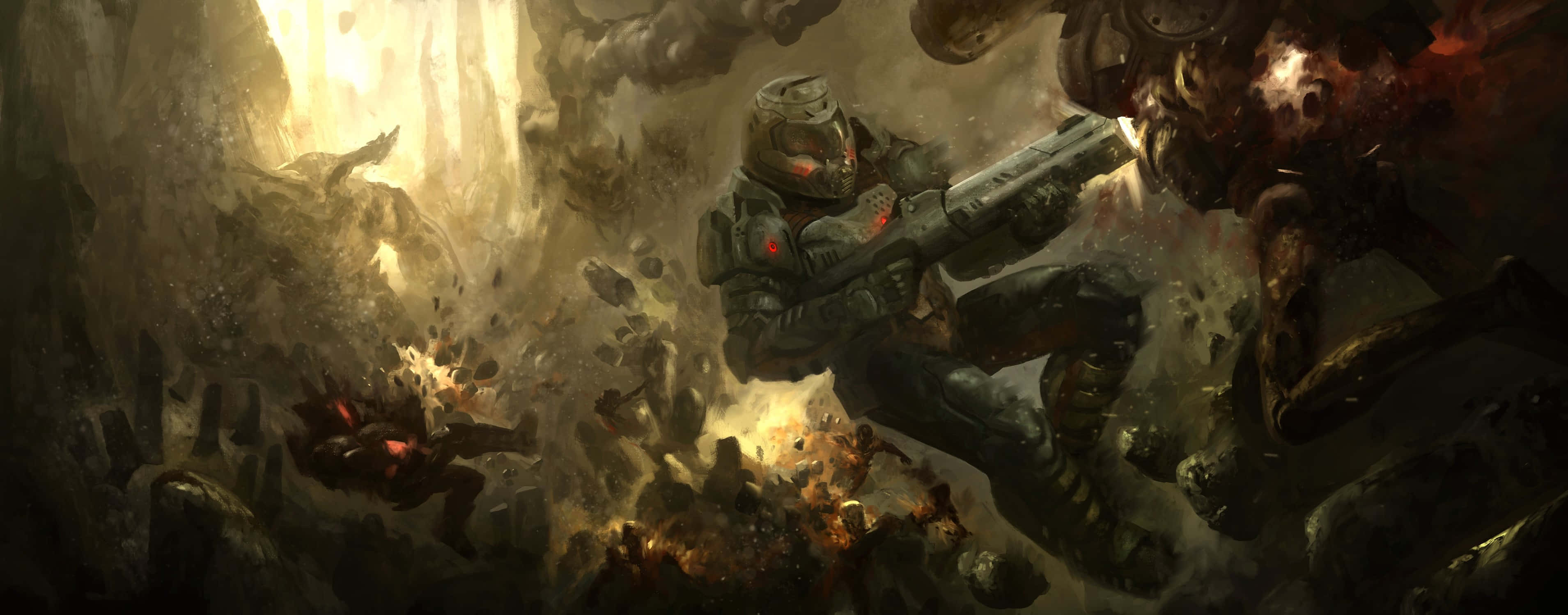Doom Slayer, futuristic armor, alien ruin, 2K Desktop Wallpaper