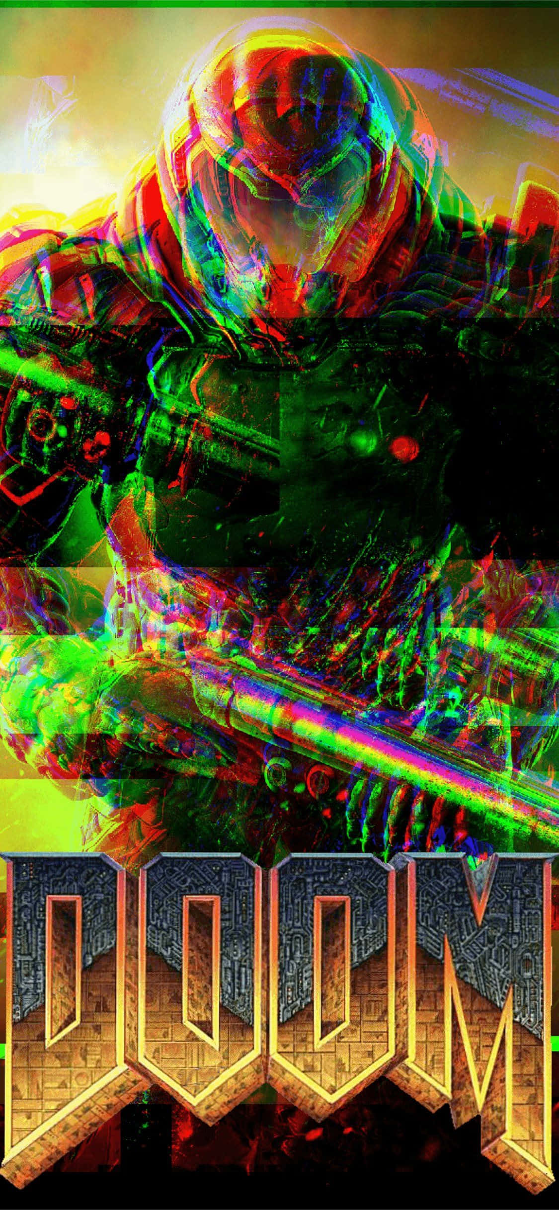 Doom Slayer, glitch-art, vibrant neon colors, Full HD Phone Wallpaper