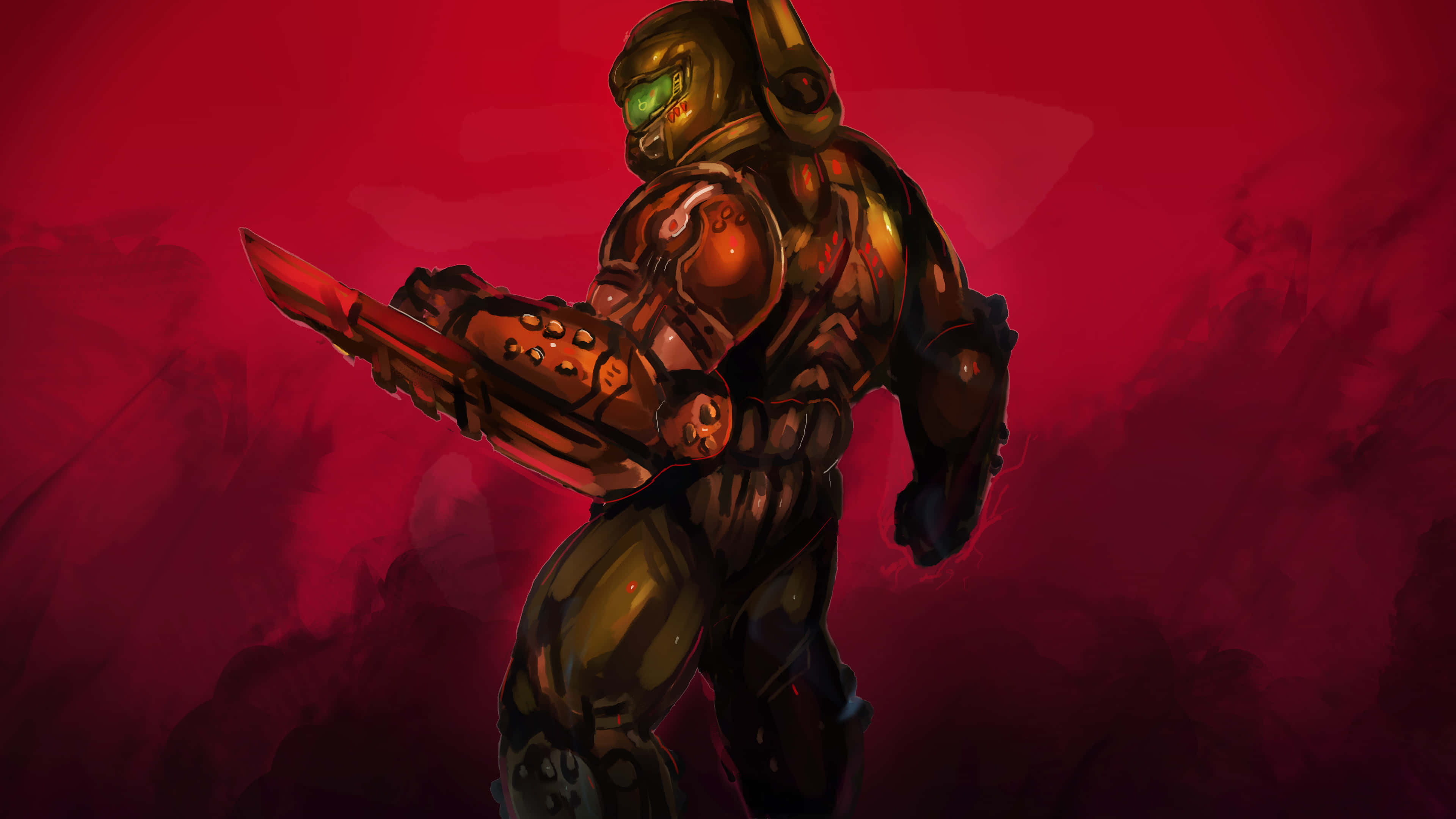 Doom Slayer, glowing green visor, red weapon, 4K Desktop Wallpaper