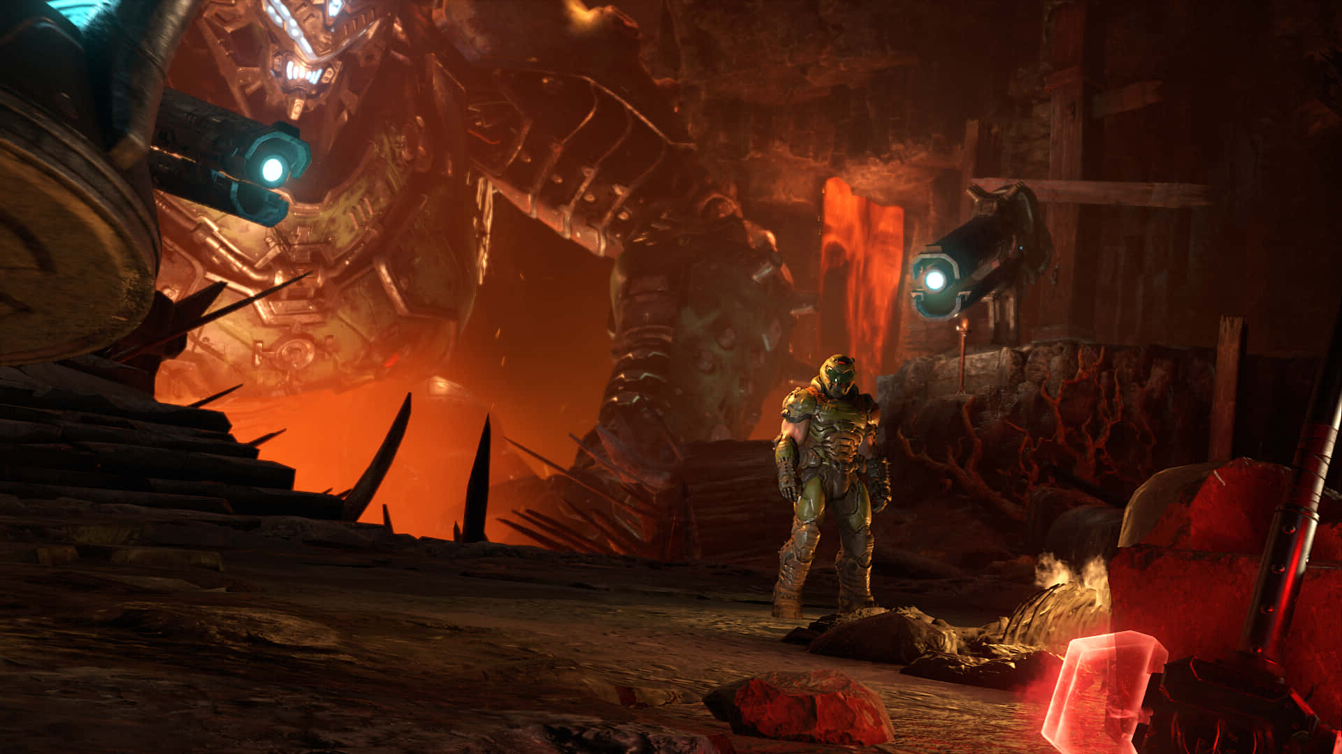 Doom Slayer, armored soldier, fiery ruin, Full HD Desktop Wallpaper