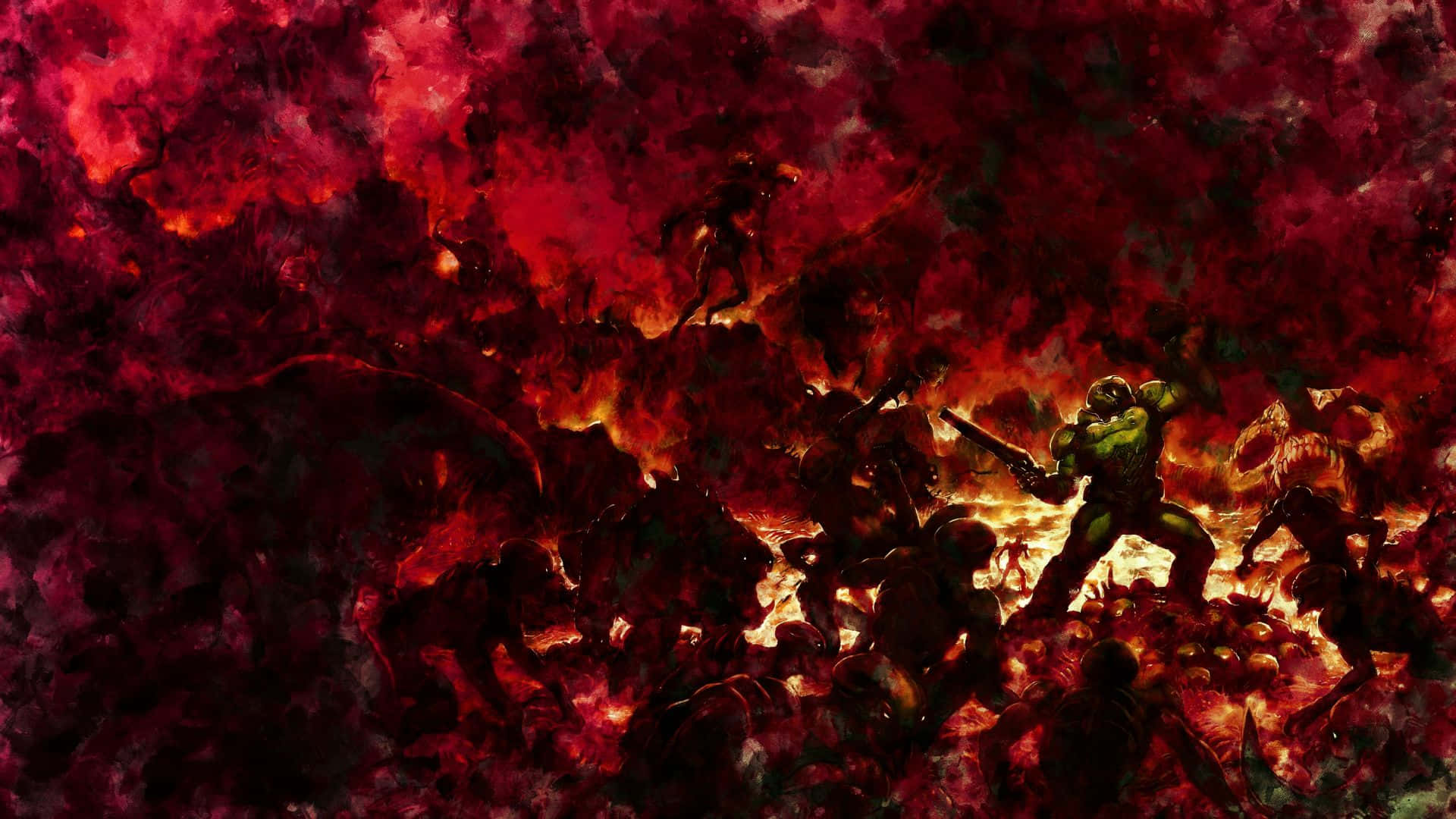 Doom Slayer, green armor, fiery red and black hellish landscape, Full HD Desktop Wallpaper