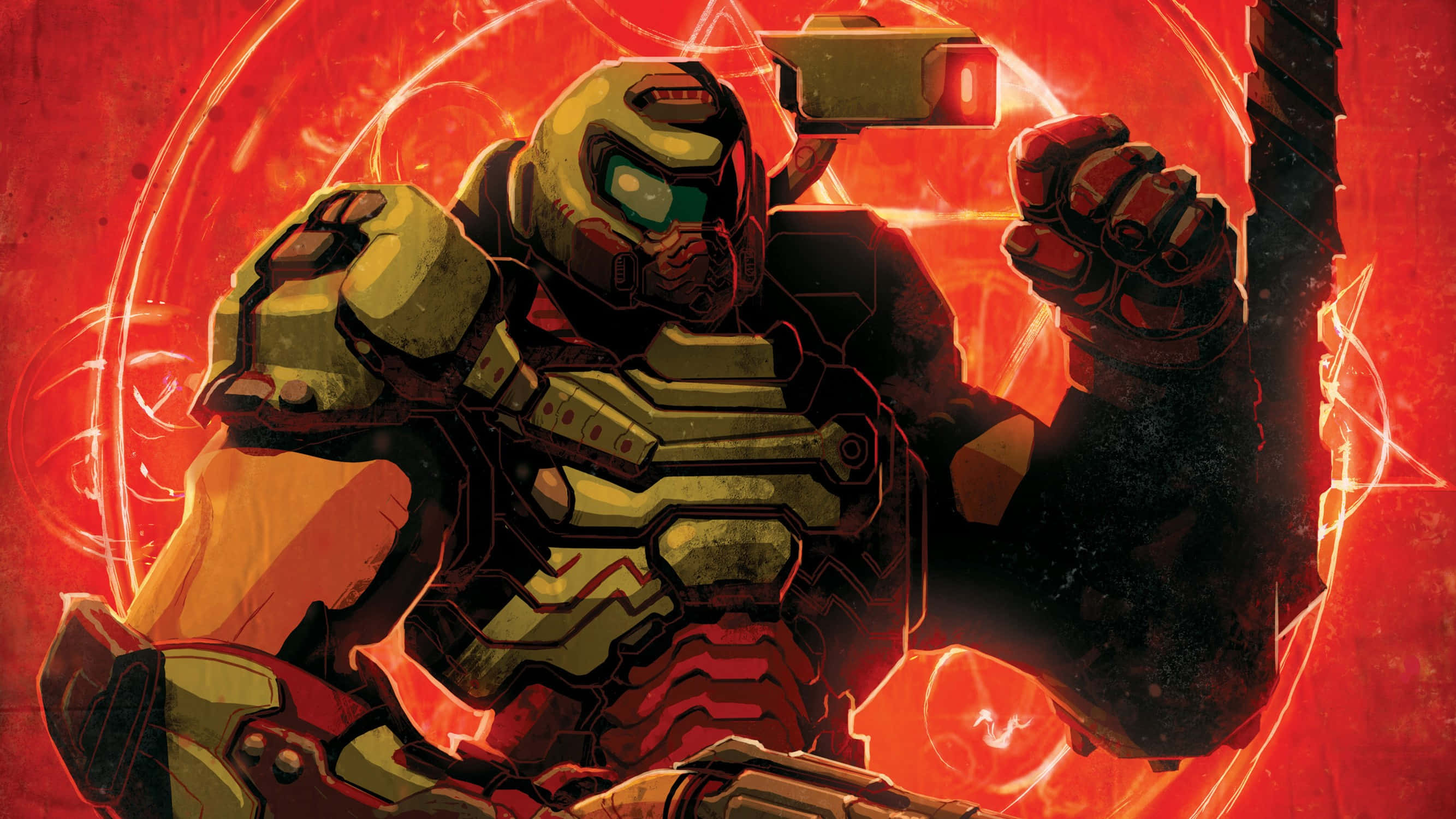 Doom Slayer, gold and red armor, swirling fiery red background, 2K Desktop Wallpaper