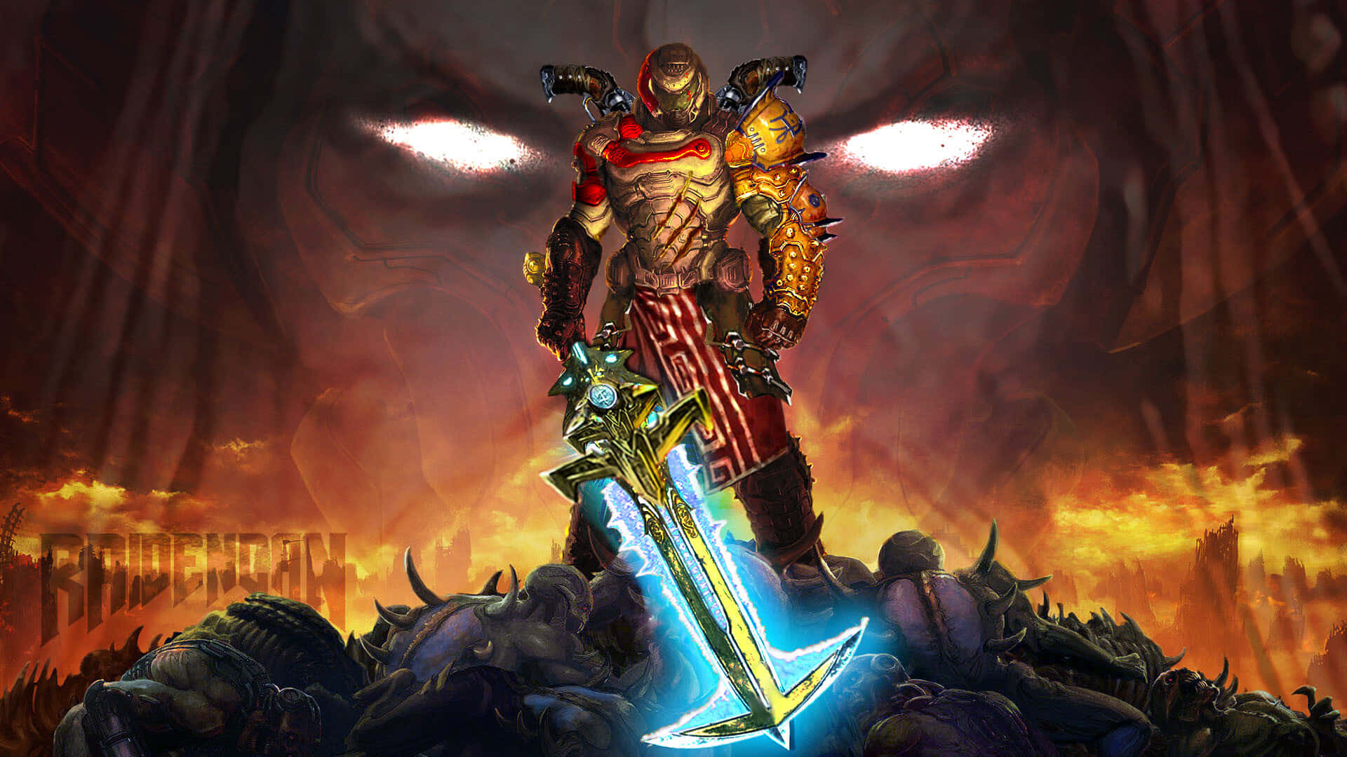 Doom Slayer, glowing blue sword, fiery apocalyptic backdrop, Full HD Desktop Wallpaper