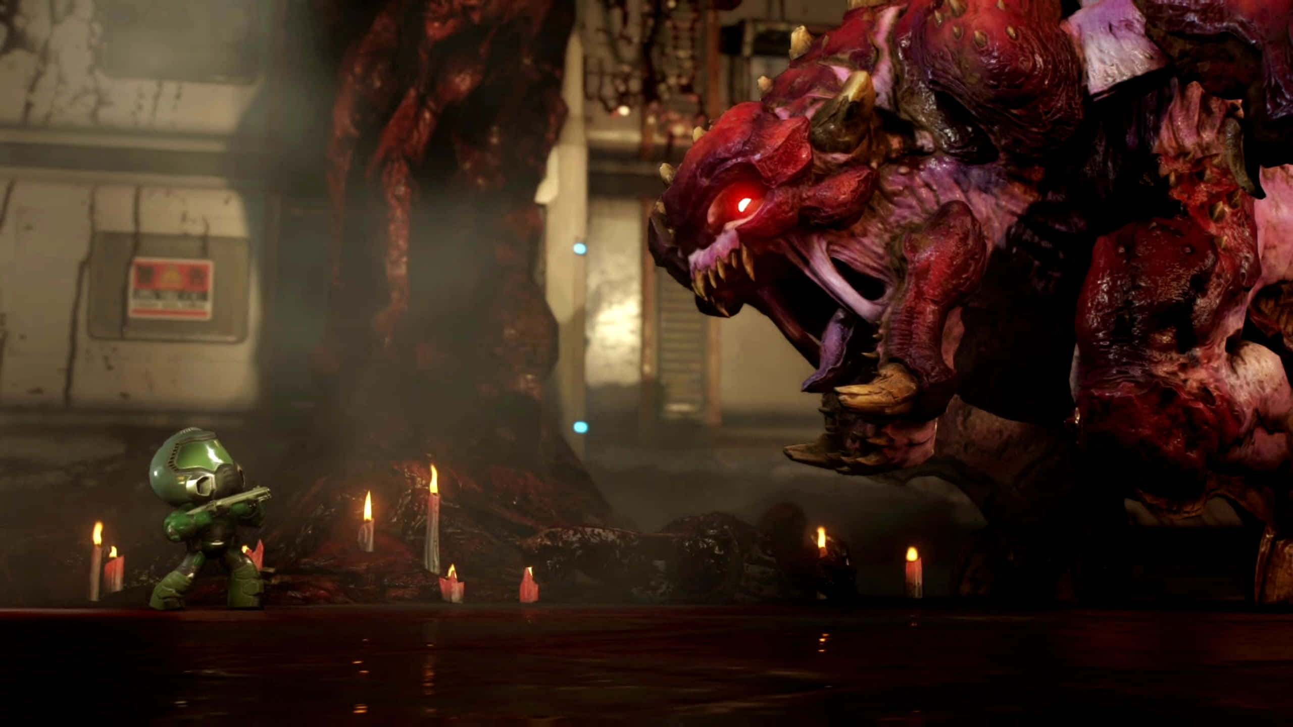 Doom Slayer, green armored figure, massive grotesque red monster, 2K Desktop Wallpaper