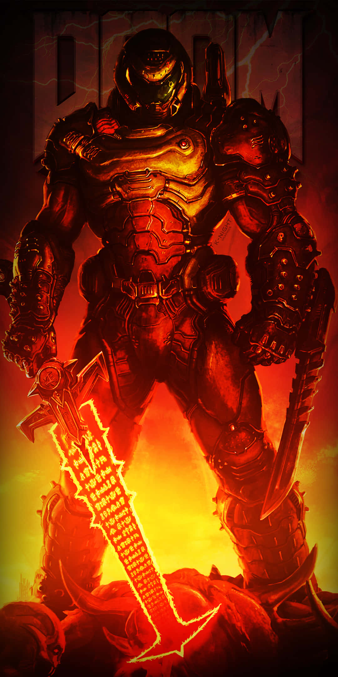 Doom Slayer, glowing green eyes, flaming sword, Full HD Phone Wallpaper