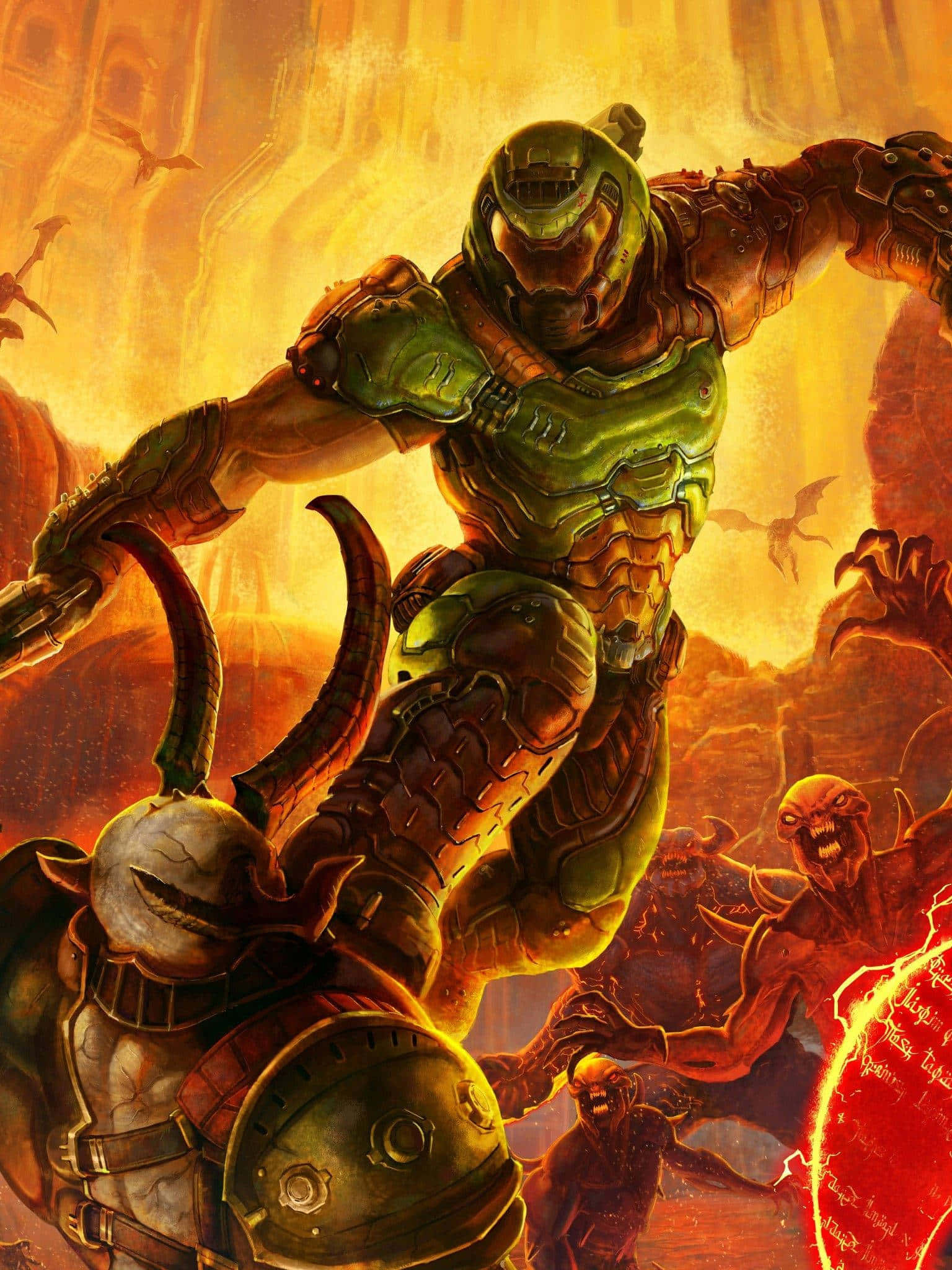 Doom Slayer, green-armored warrior, fiery hellish landscape, Full HD Phone Wallpaper