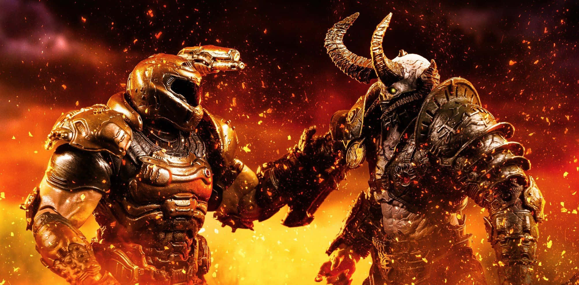 Doom Slayer, fiery battlefield, sparks, Full HD Desktop Wallpaper