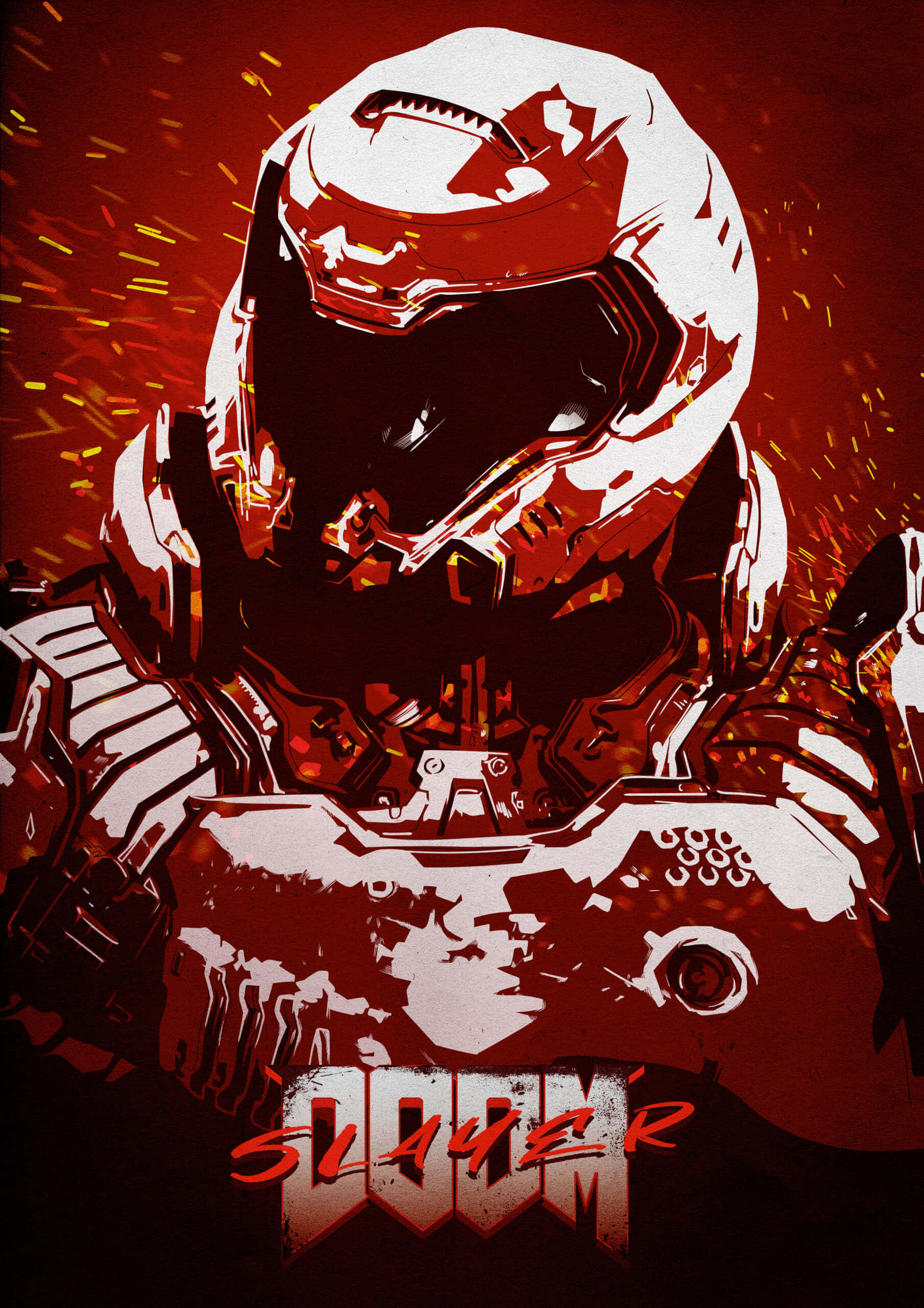 Doom Slayer, white armor, fiery red background, 2K Phone Wallpaper