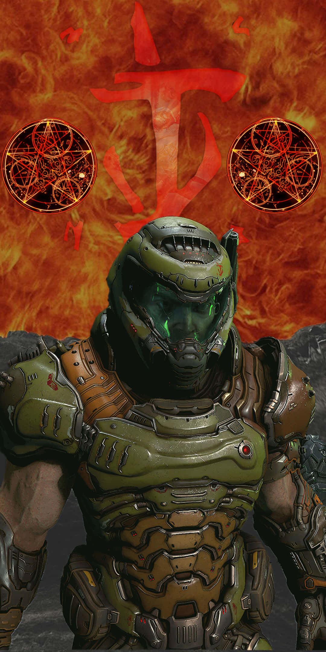 Doom Slayer, red background, fiery backdrop, Full HD Phone Wallpaper