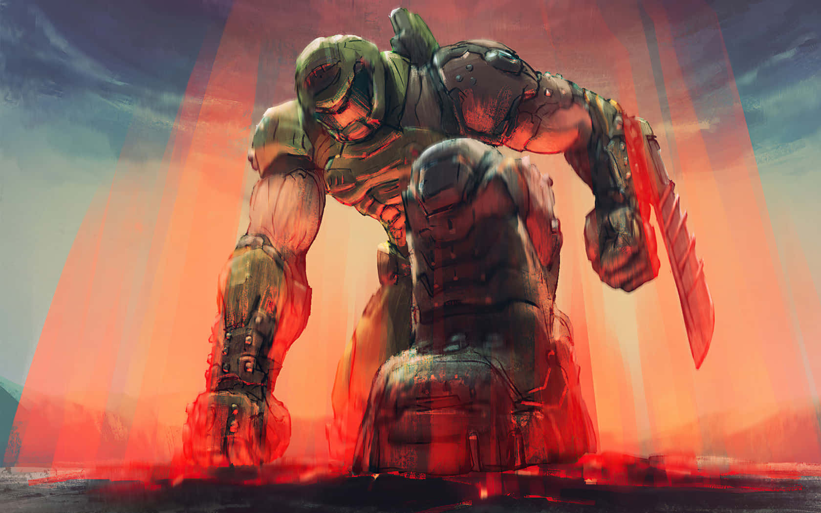 Doom Slayer, chainsaw, fiery orange and blue sky, HD Desktop Wallpaper