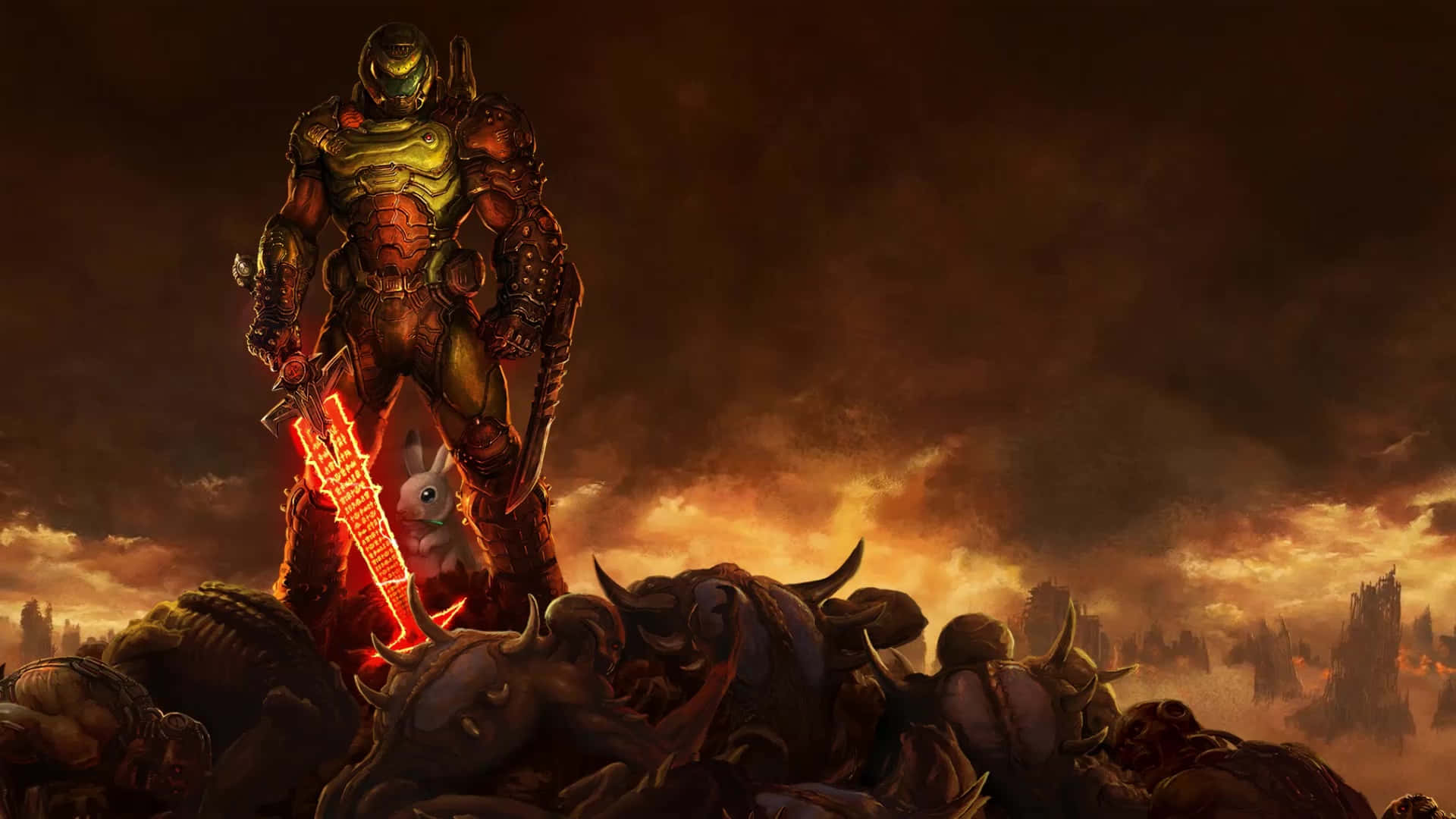 Doom Slayer, heavily armored warrior, defeated foes, Full HD Desktop Wallpaper